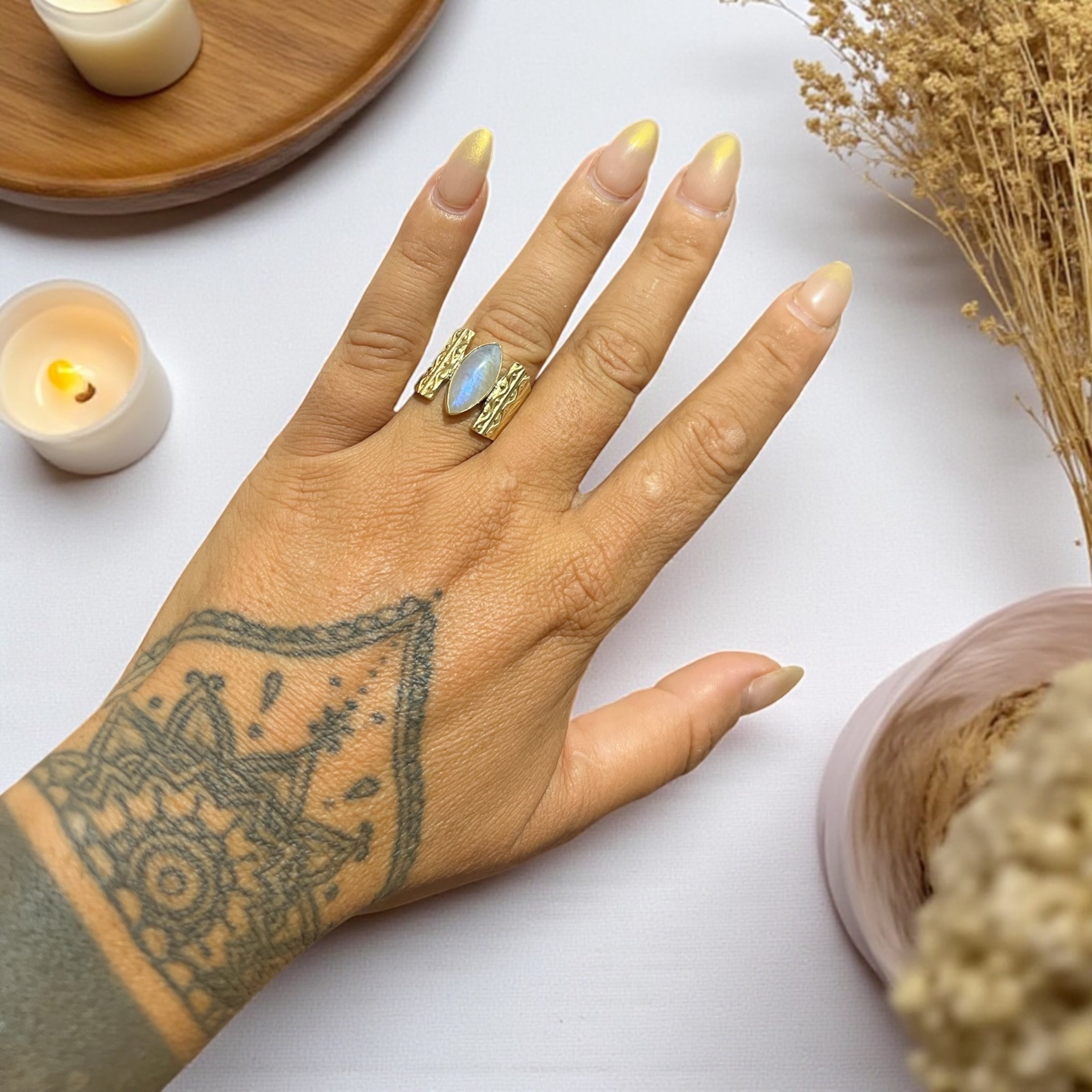 Boho Brass Ring with Natural Stone – Unique Spiritual Jewelry