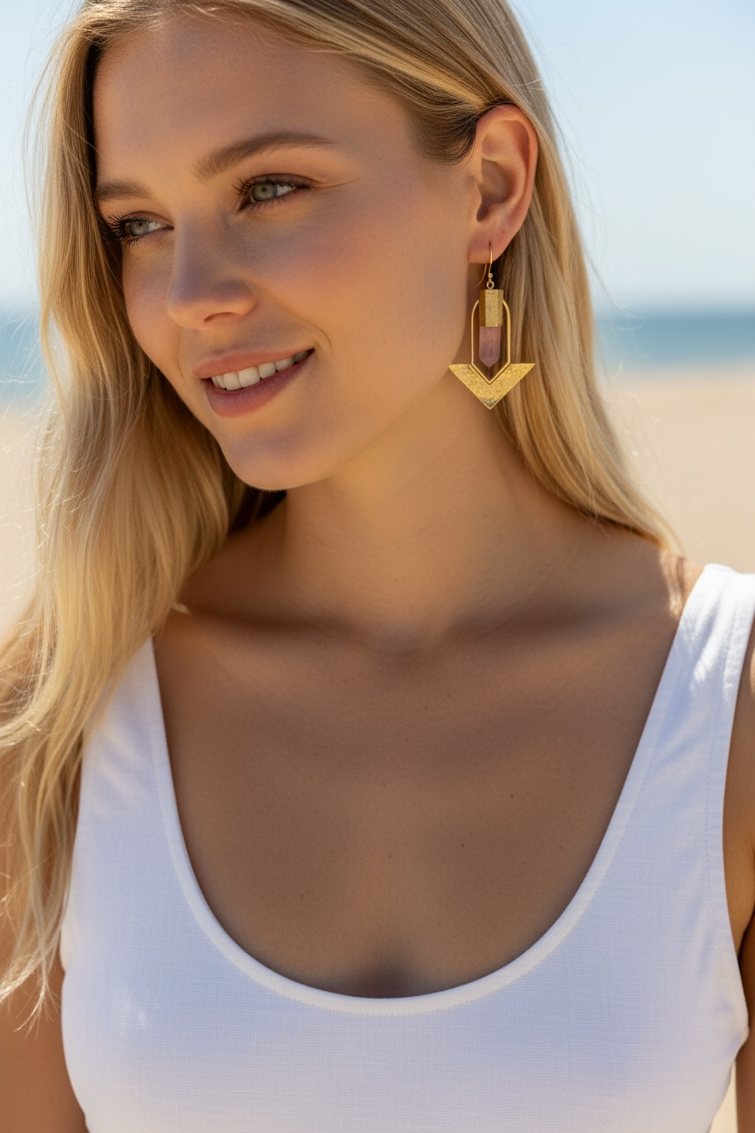 Rose Quartz Brass Earrings