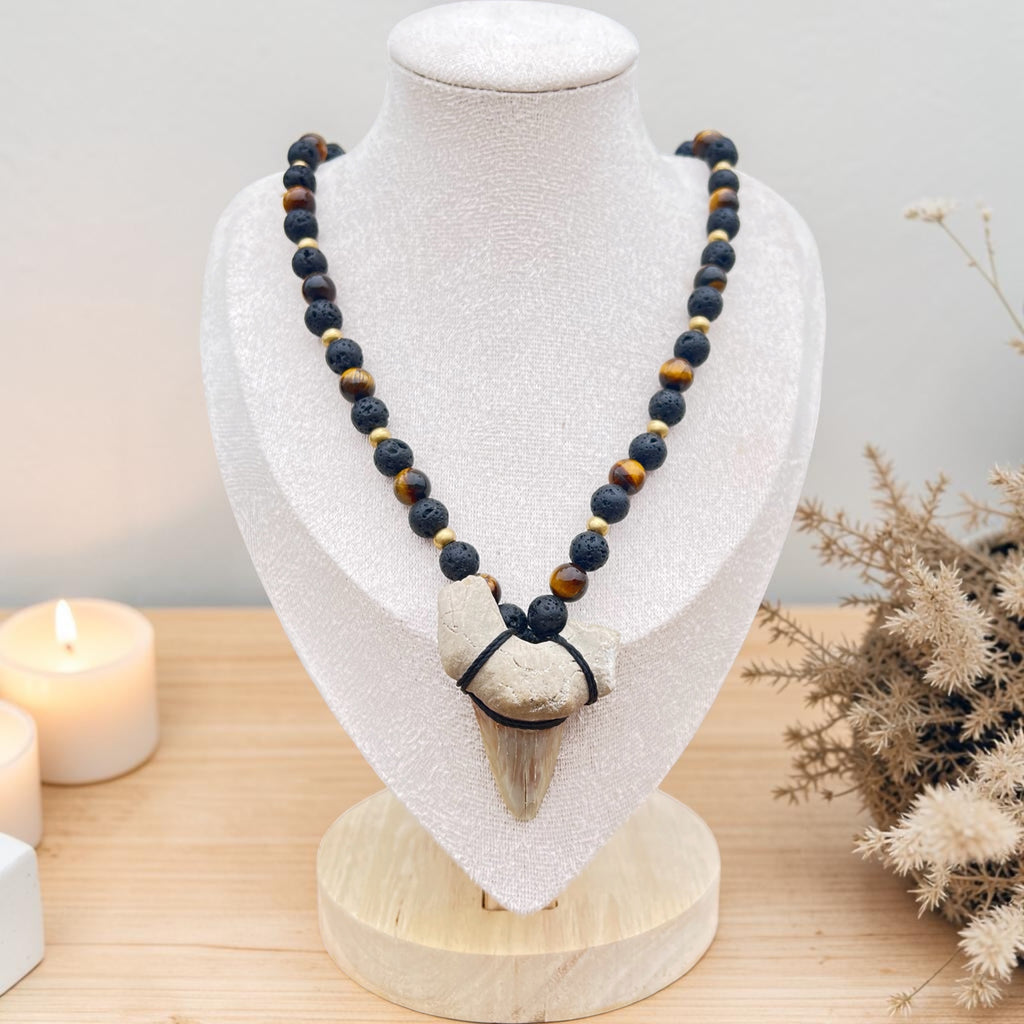 Fossil Shark Tooth, Lava Stone & Tiger Eye Beaded Necklace
