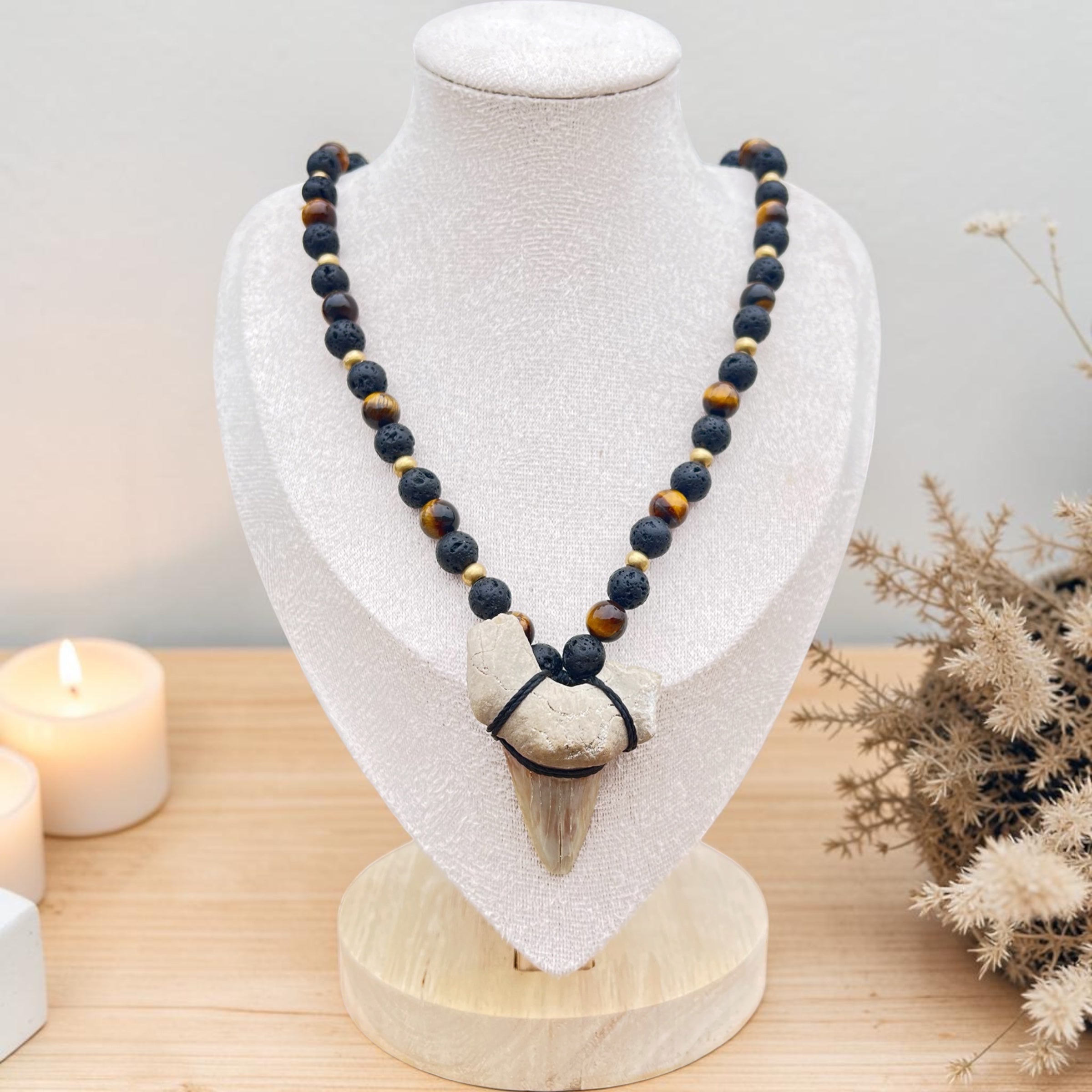 Fossil Shark Tooth, Lava Stone & Tiger Eye Beaded Necklace