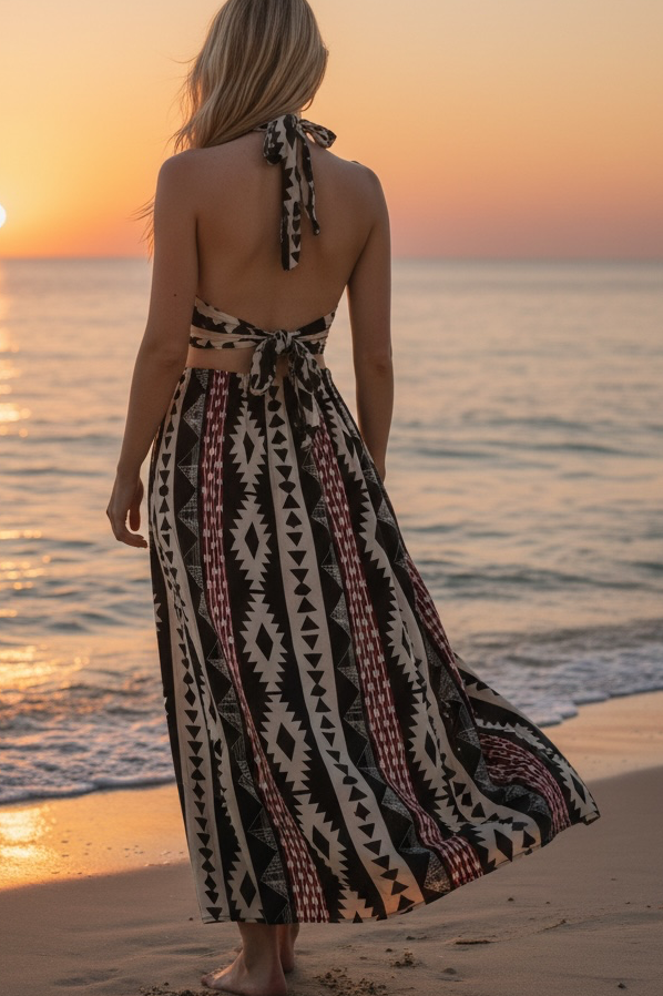 Boho Geometric Print Rayon Maxi Dress | Beach & Resort Wear