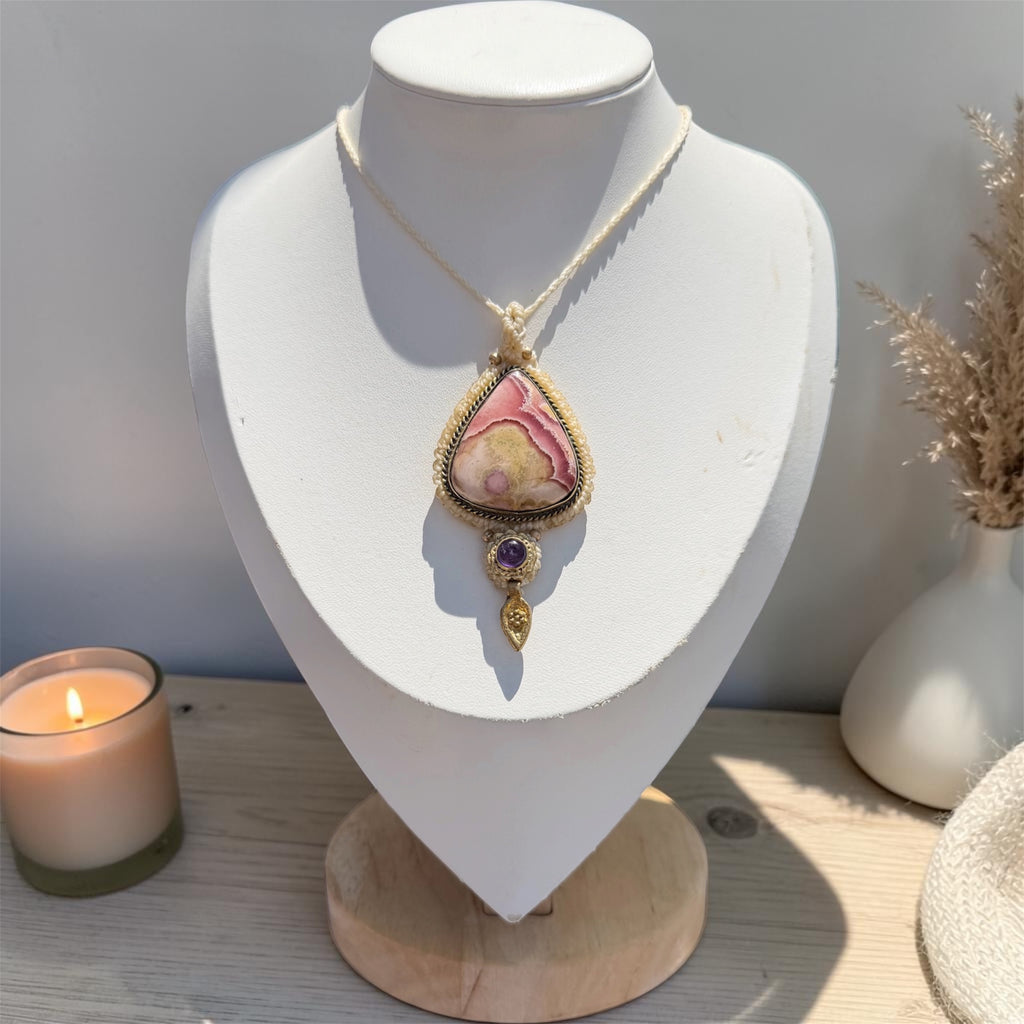 Rhodochrosite & Amethyst Macramé Necklace