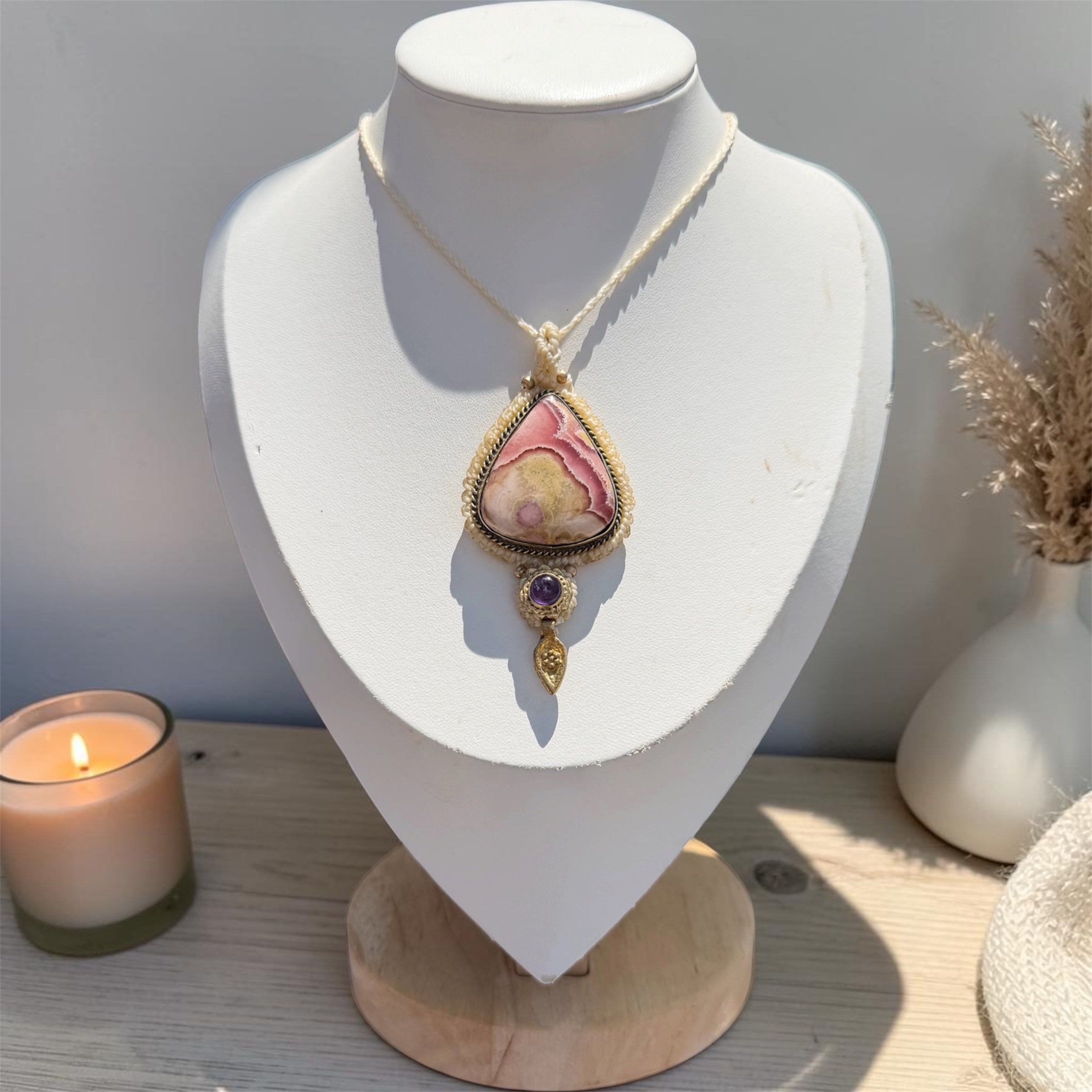 Rhodochrosite & Amethyst Macramé Necklace