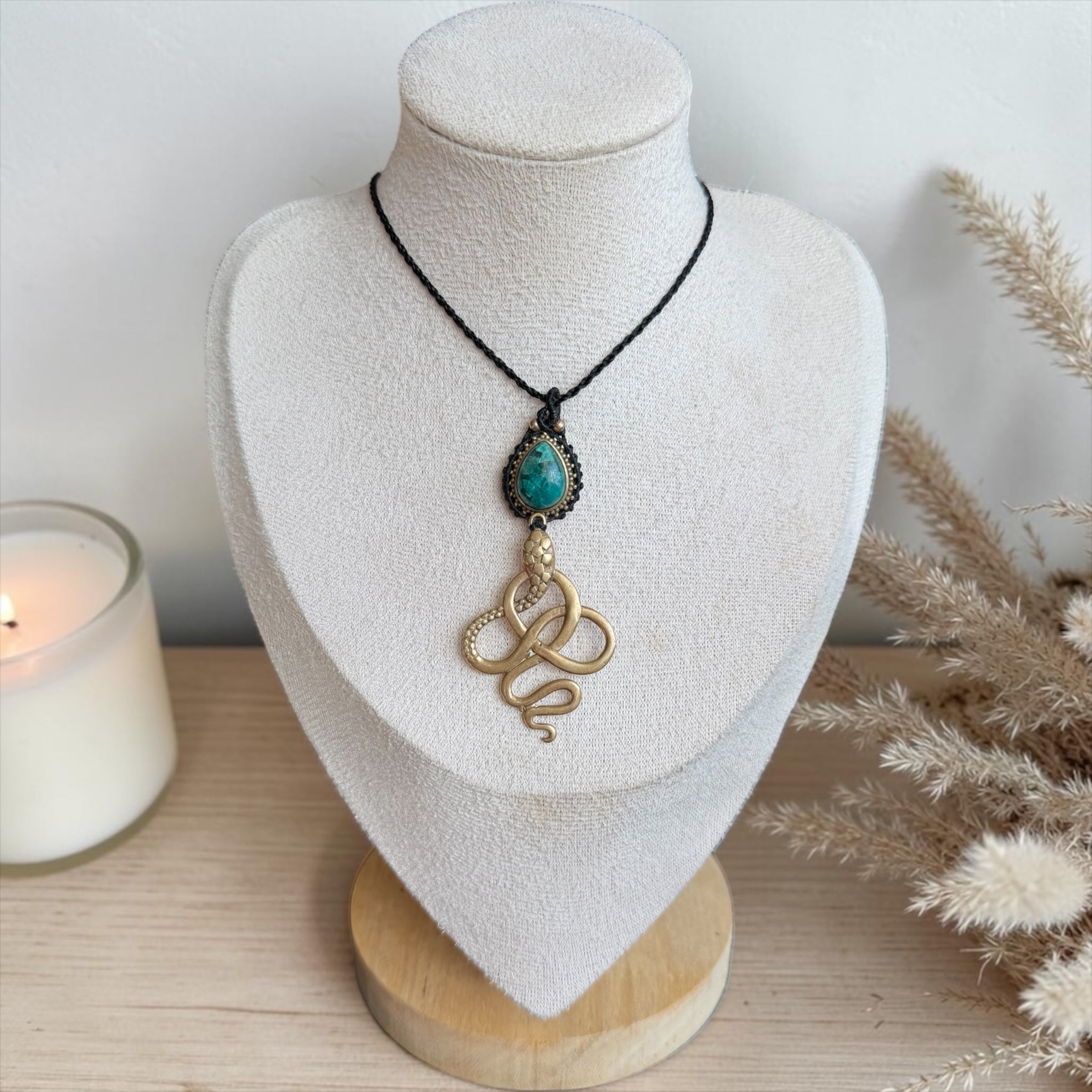 Chrysocolla Macramé Necklace with Sacred Snake Pendant