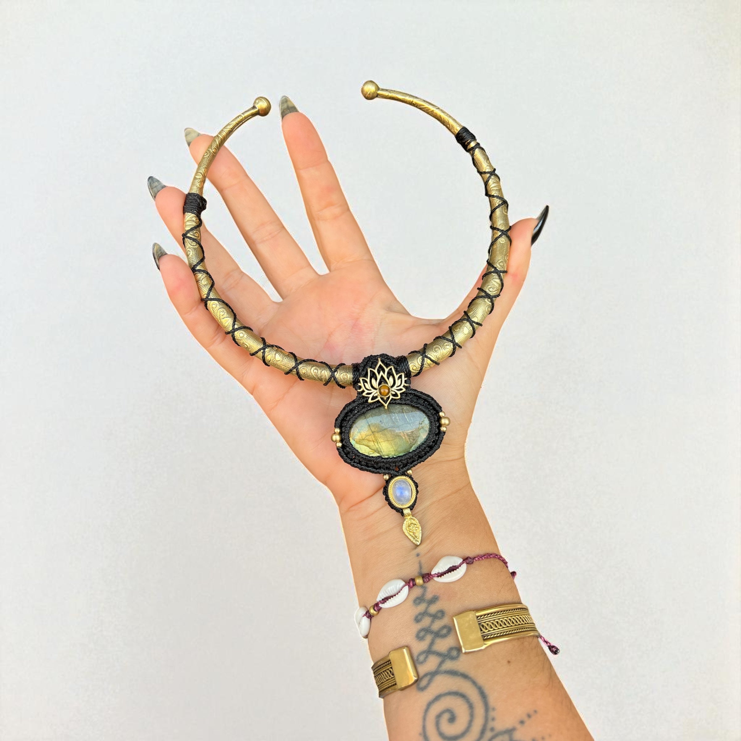 Sacred Lotus Amulet Necklace Labradorite, Tiger’s Eye and Rainbow Moonstone