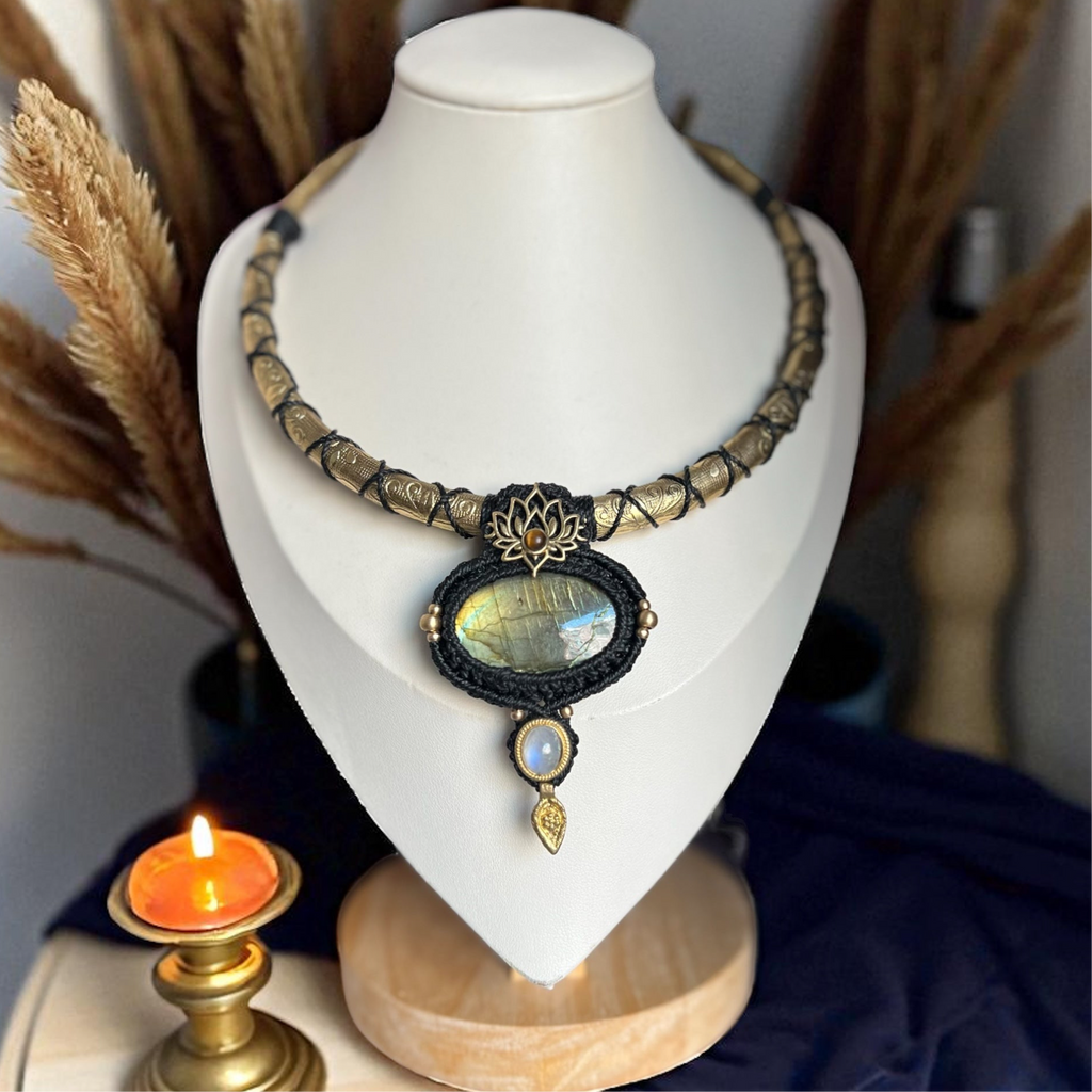 Sacred Lotus Amulet Necklace Labradorite, Tiger’s Eye and Rainbow Moonstone