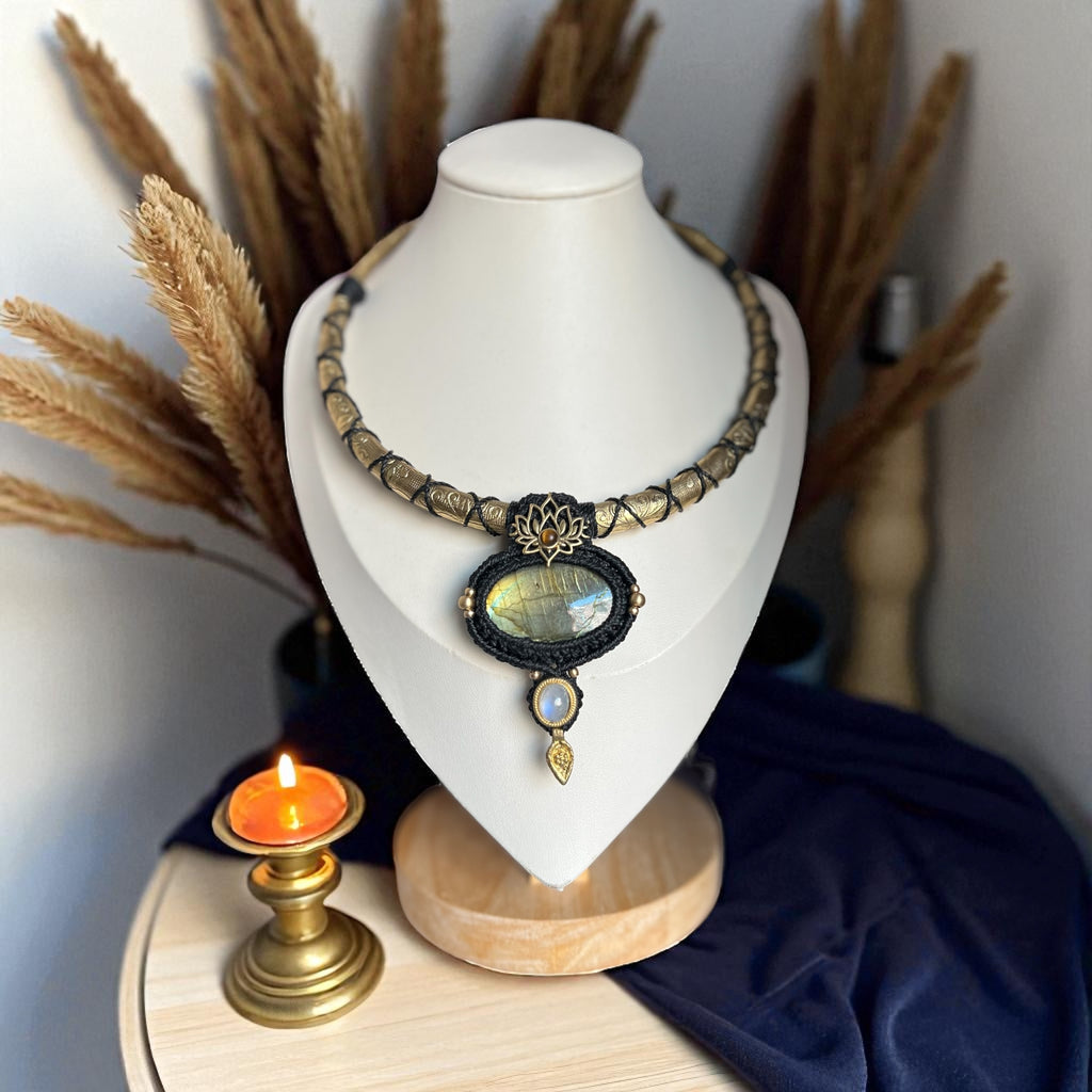 Sacred Lotus Amulet Necklace Labradorite, Tiger’s Eye and Rainbow Moonstone