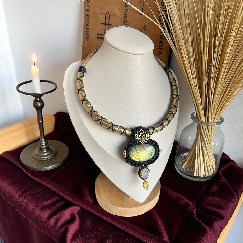 Sacred Lotus Amulet Necklace Labradorite, Tiger’s Eye and Rainbow Moonstone