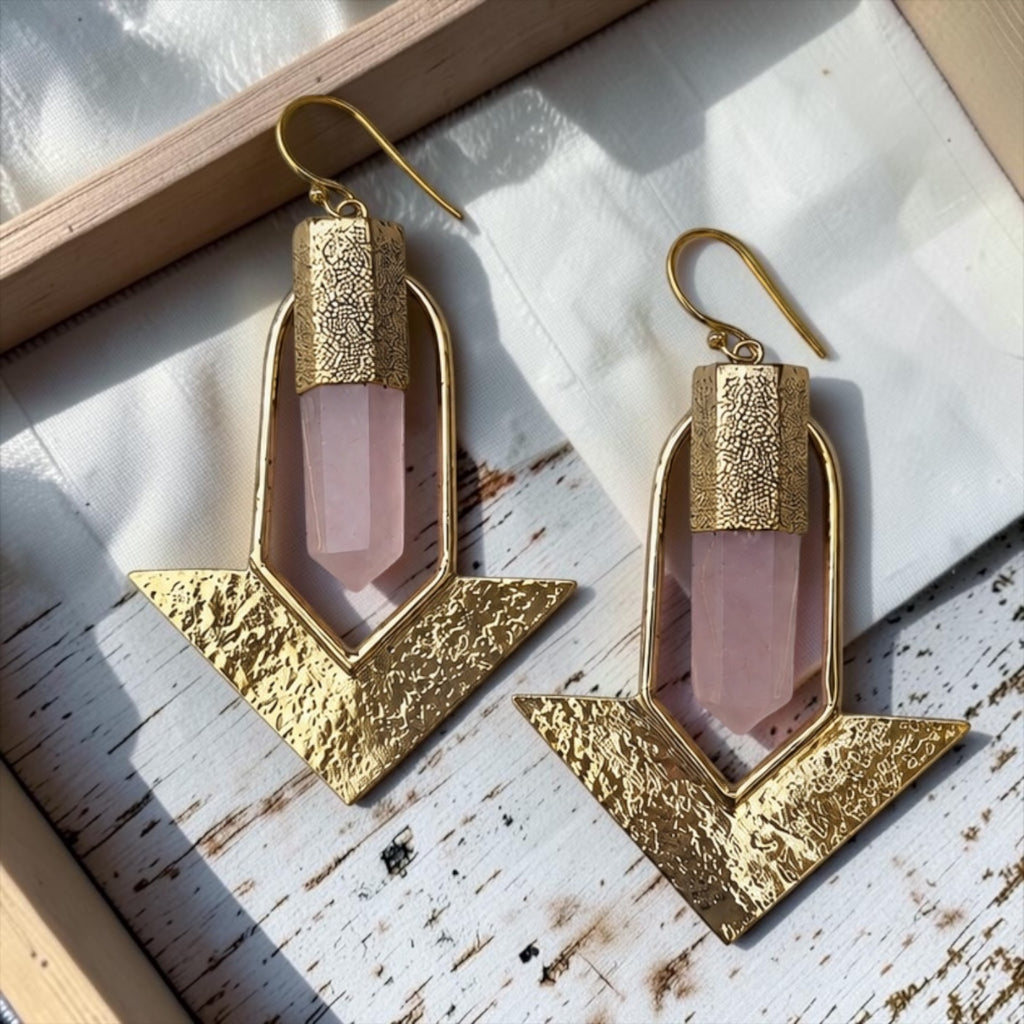 Rose Quartz Brass Earrings
