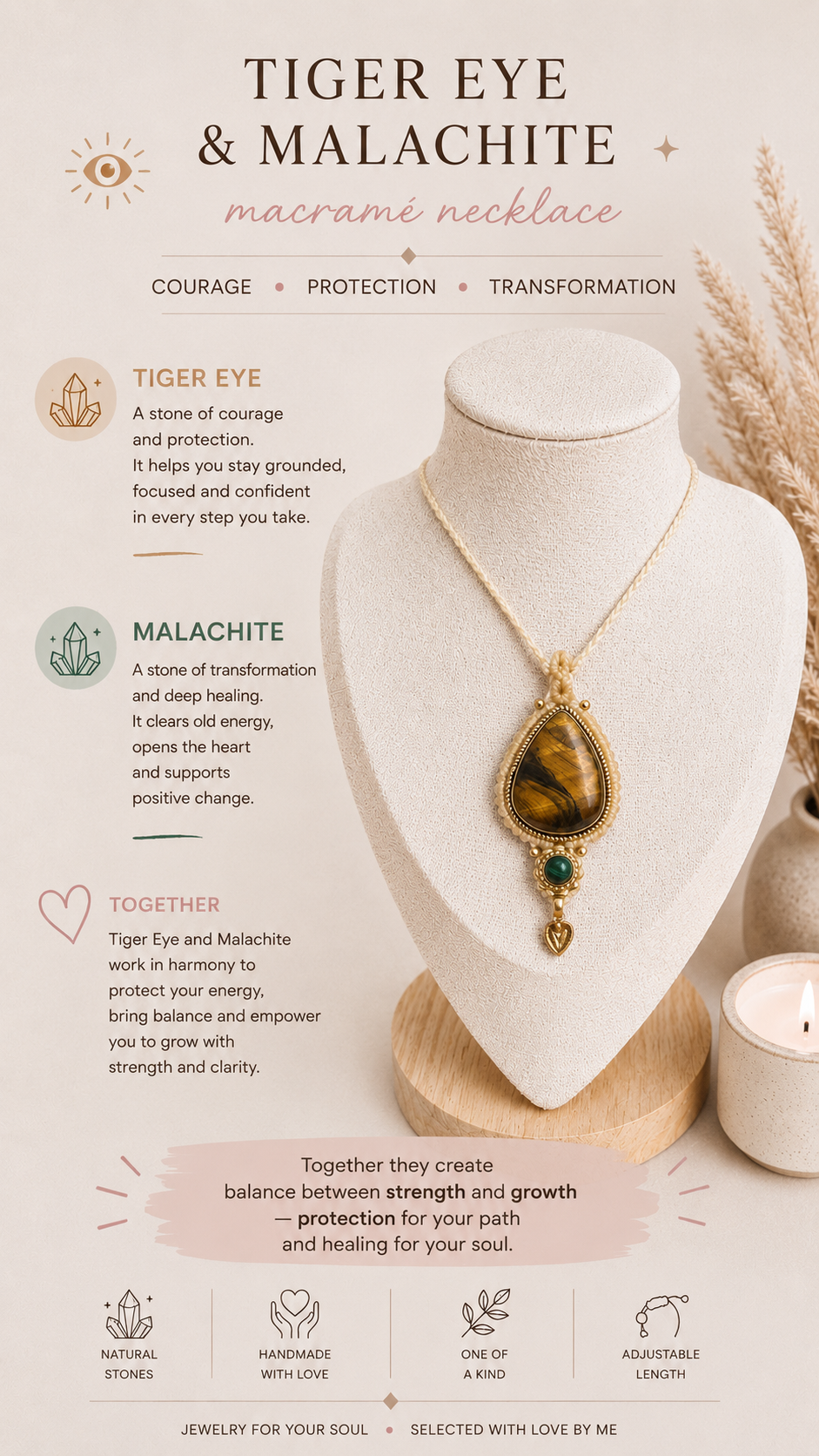 Tiger Eye & Malachite Macramé Necklace – Handmade Adjustable Crystal Necklace