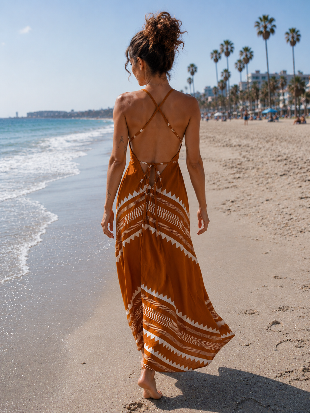 Golden dunes block Print Long Dress – Adjustable One Size Boho Dress