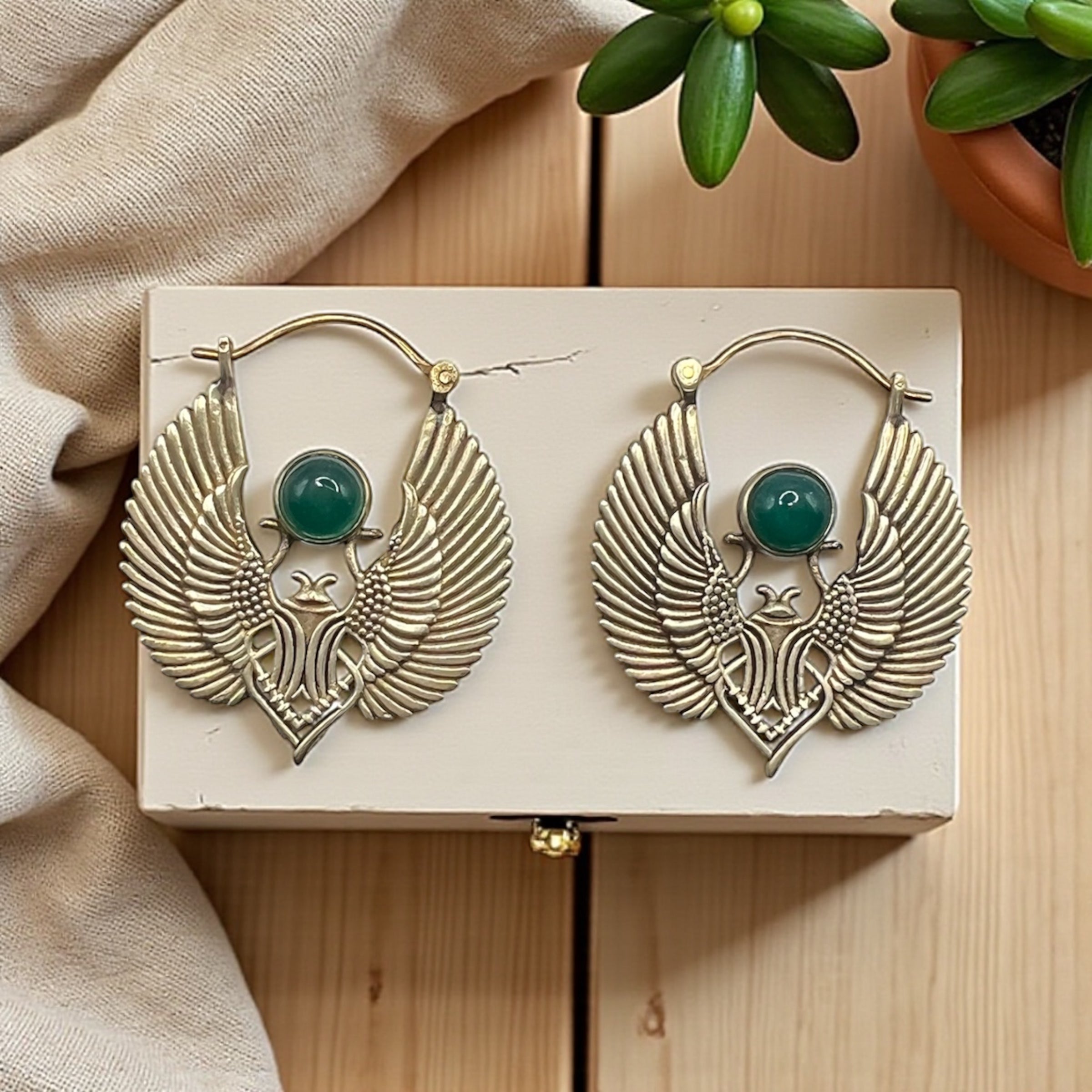 Brass Scarab Earrings with gemstone