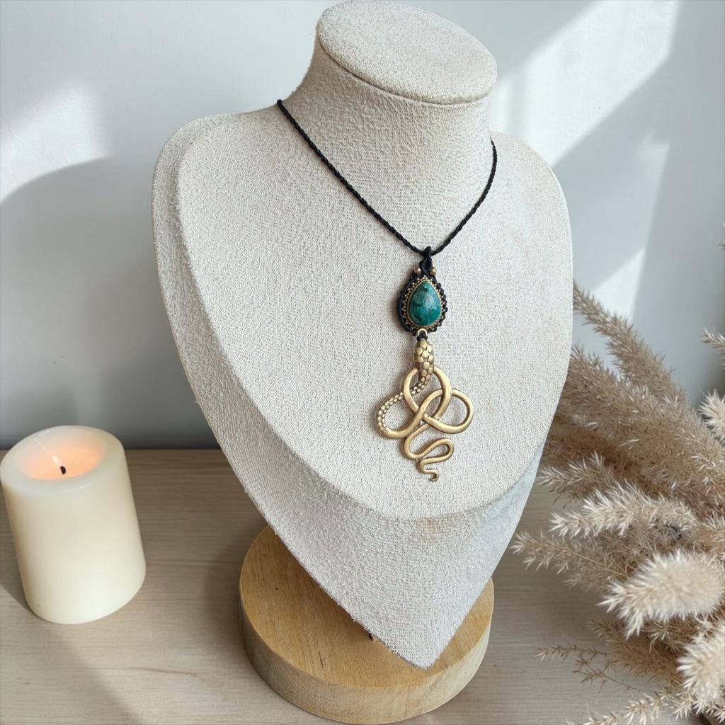 Chrysocolla Macramé Necklace with Sacred Snake Pendant