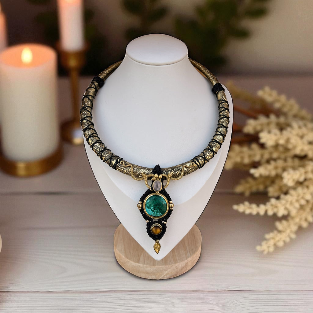 Serpent Guardian Warrior Necklace – Brass Choker with Chrysocolla, Rose Quartz &