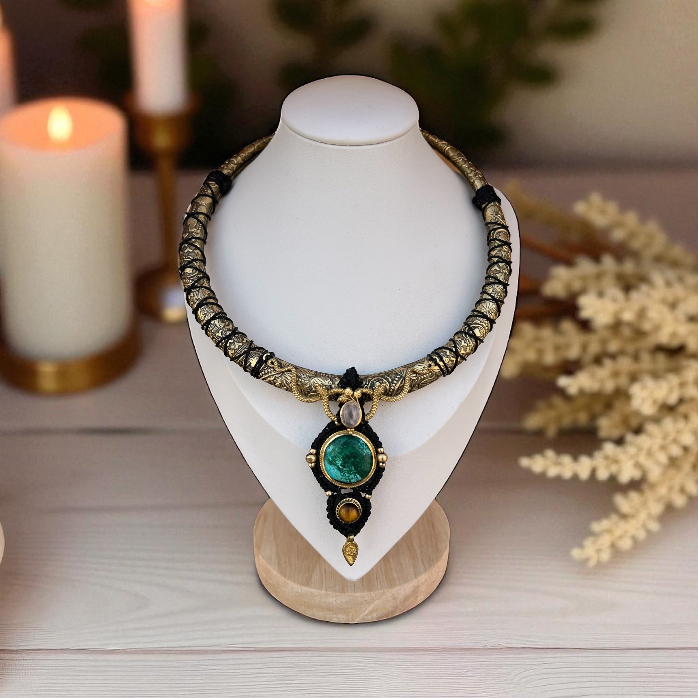Serpent Guardian Warrior Necklace – Brass Choker with Chrysocolla, Rose Quartz &
