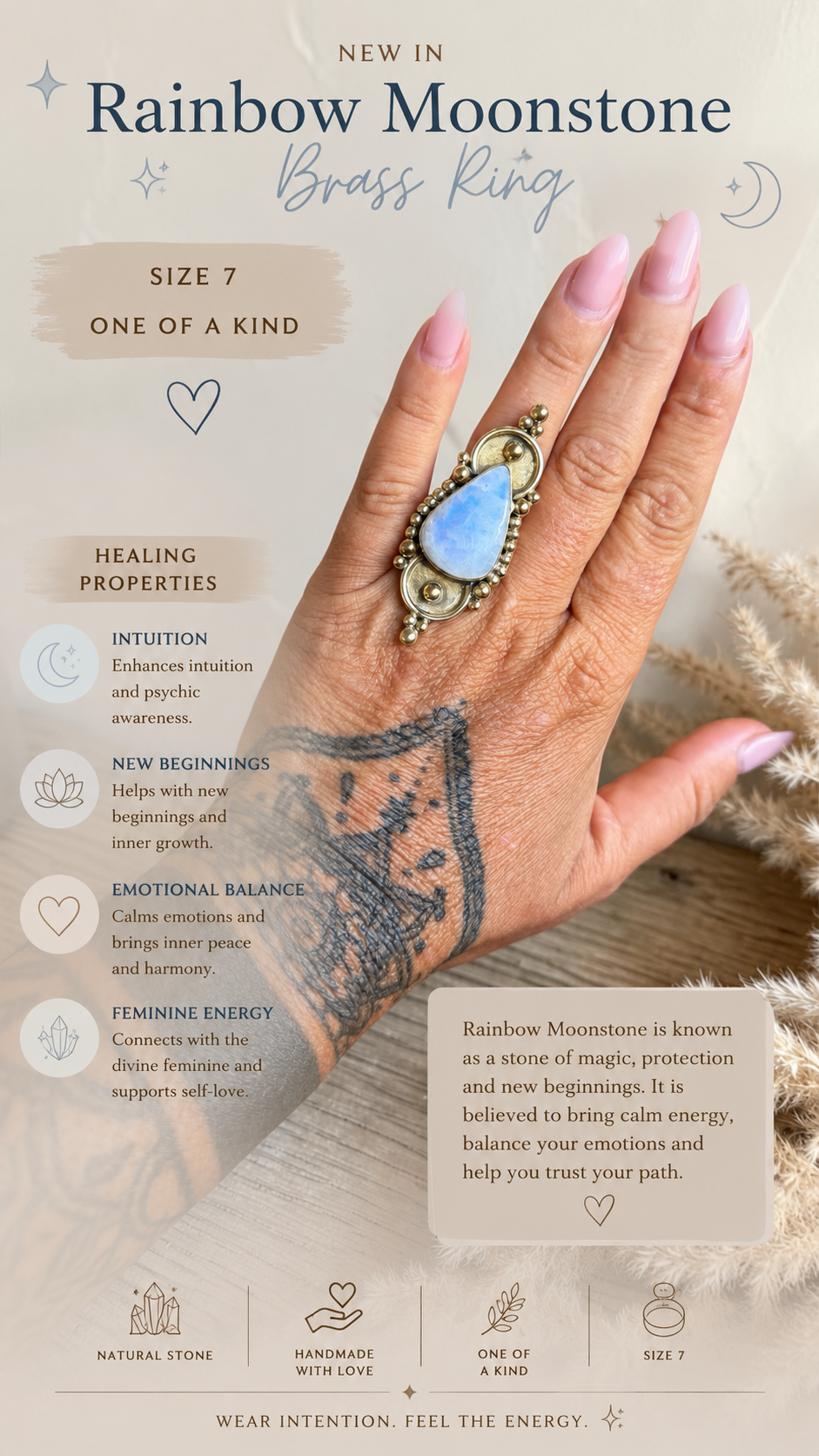 Statement Rainbow Moonstone Brass Ring