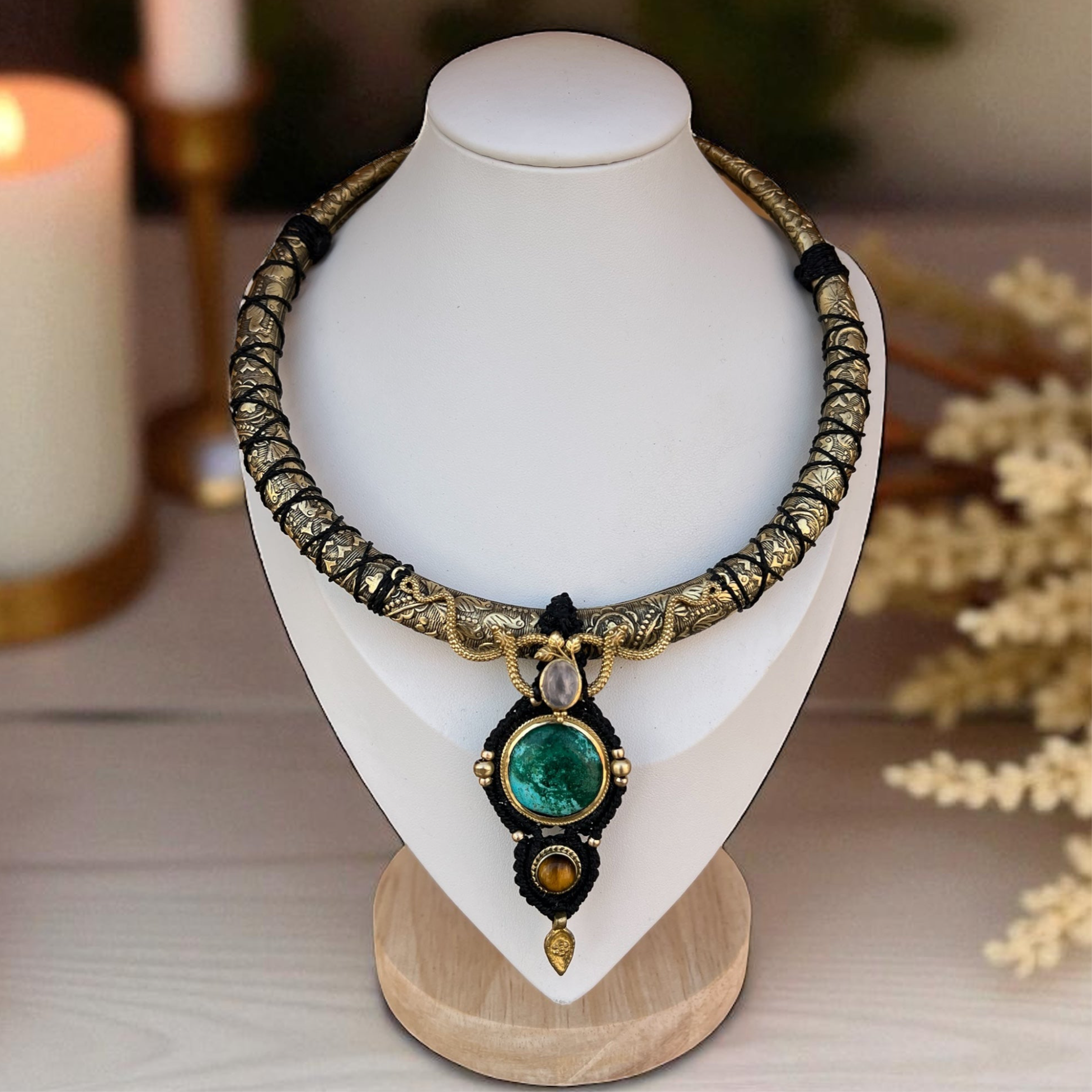 Serpent Guardian Warrior Necklace – Brass Choker with Chrysocolla, Rose Quartz &