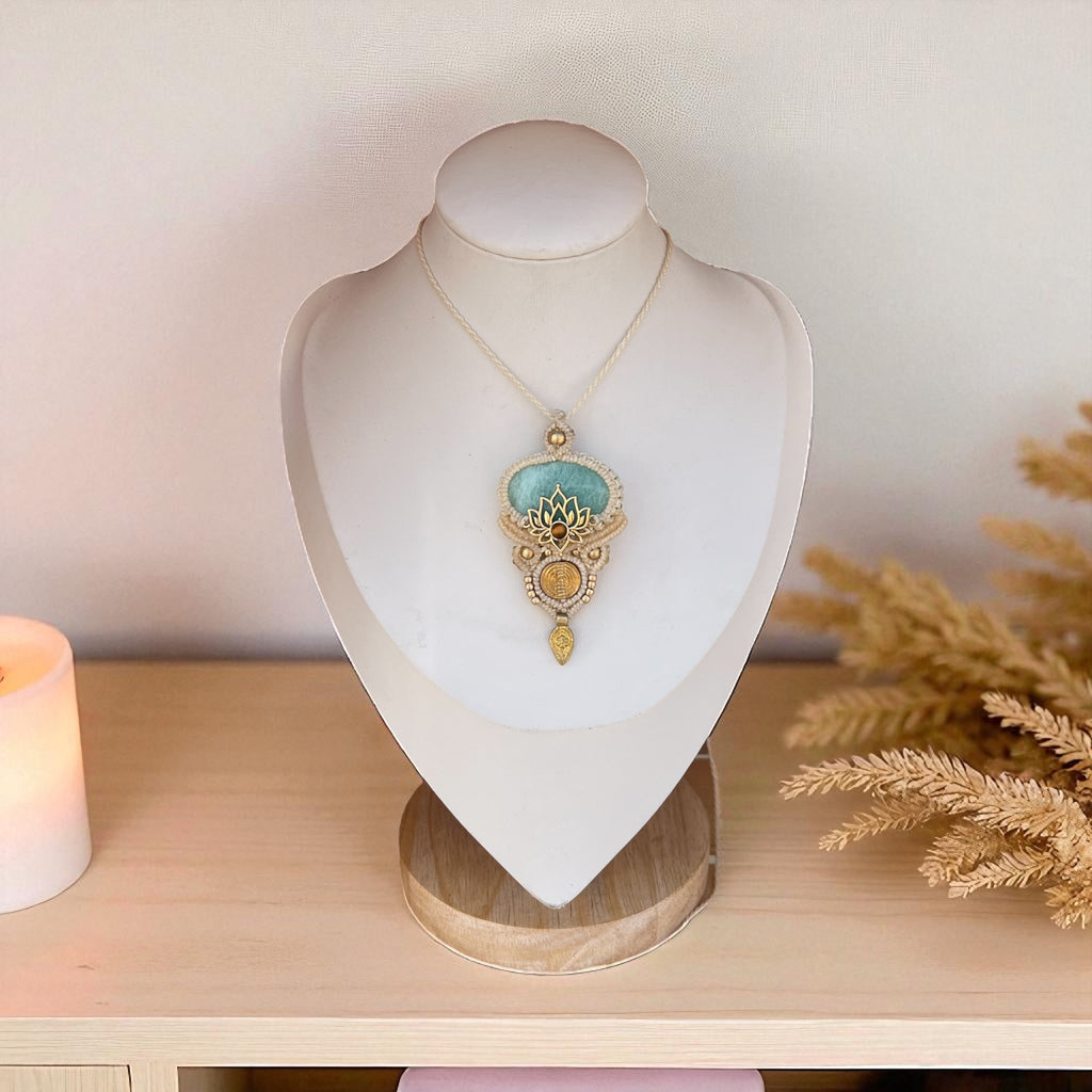 Amazonite & Lotus Necklace with Tiger Eye