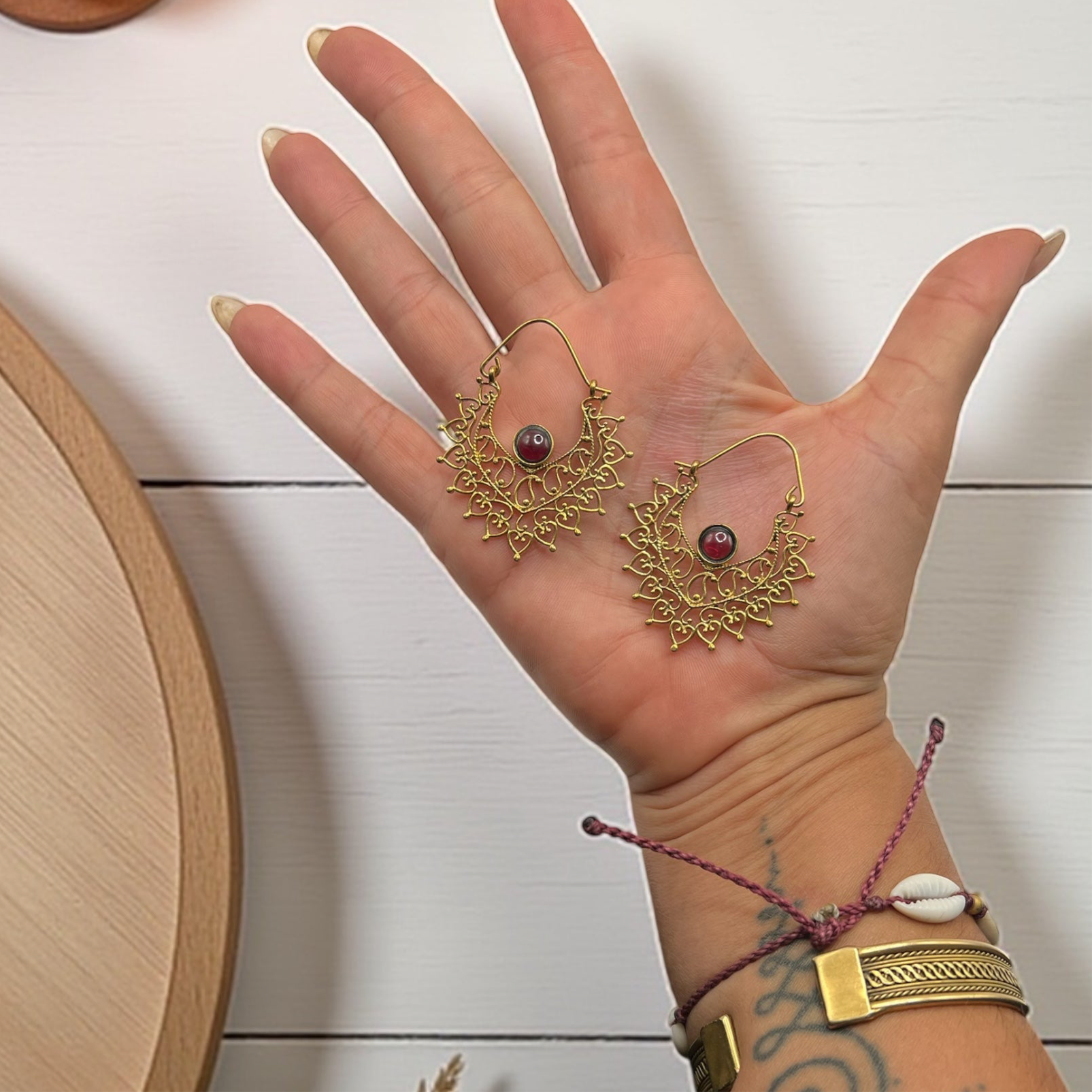 Boho Brass Earrings with Garnet – Spiritual Energy Jewelry