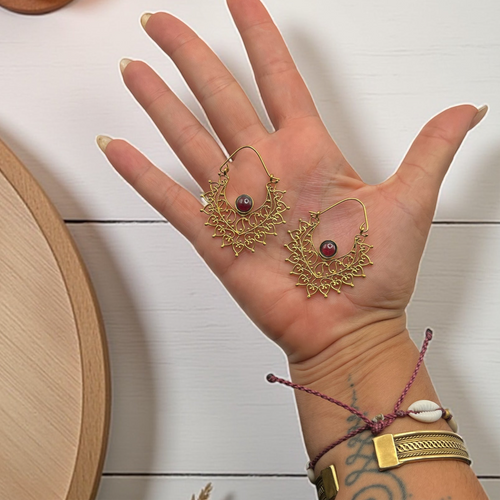 Boho Brass Earrings with Garnet – Spiritual Energy Jewelry