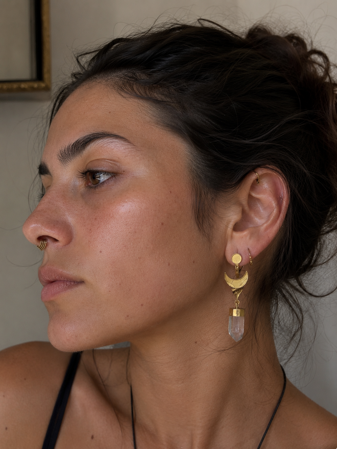 Clear Quartz Crescent Moon Earrings – Brass & Natural Crystal