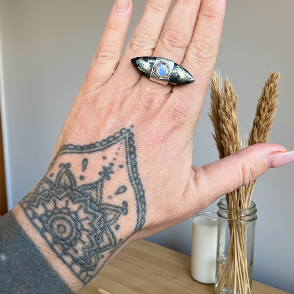Pyrite Tourmaline and  Moonstone Ring , Adjustable Silver
