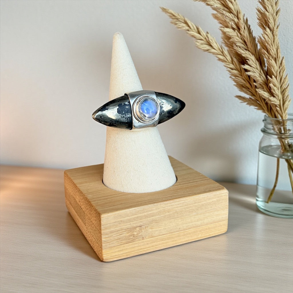 Pyrite Tourmaline and  Moonstone Ring , Adjustable Silver