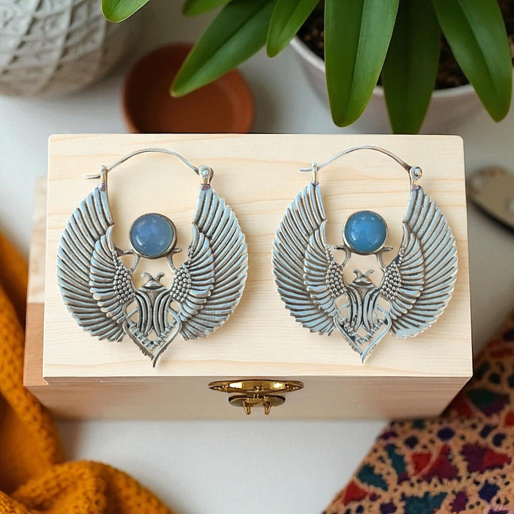 Brass Scarab Earrings blue chalcedony
