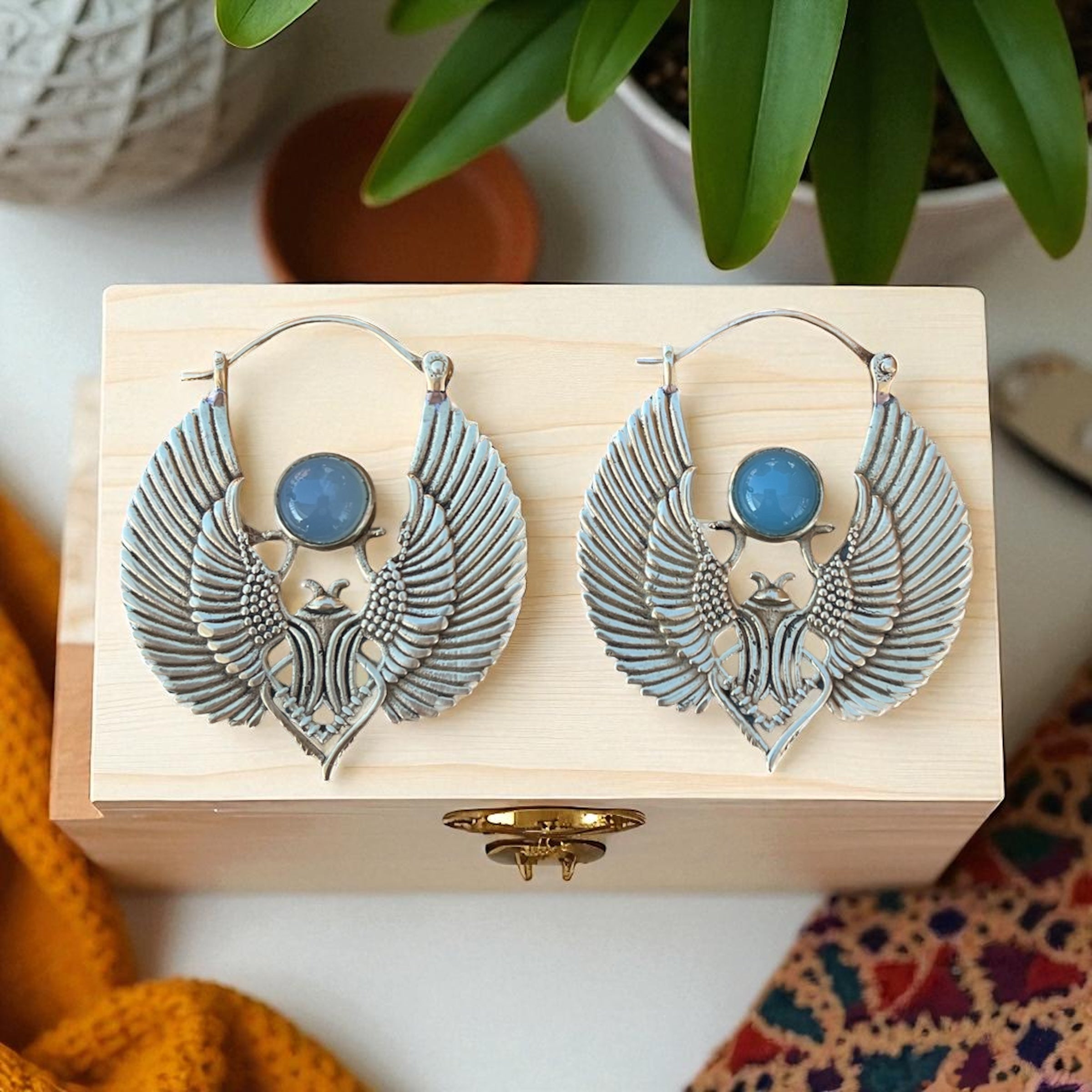 Brass Scarab Earrings blue chalcedony