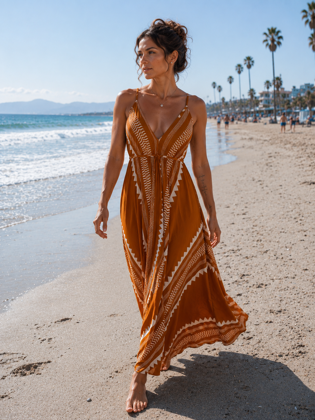 Golden dunes block Print Long Dress – Adjustable One Size Boho Dress
