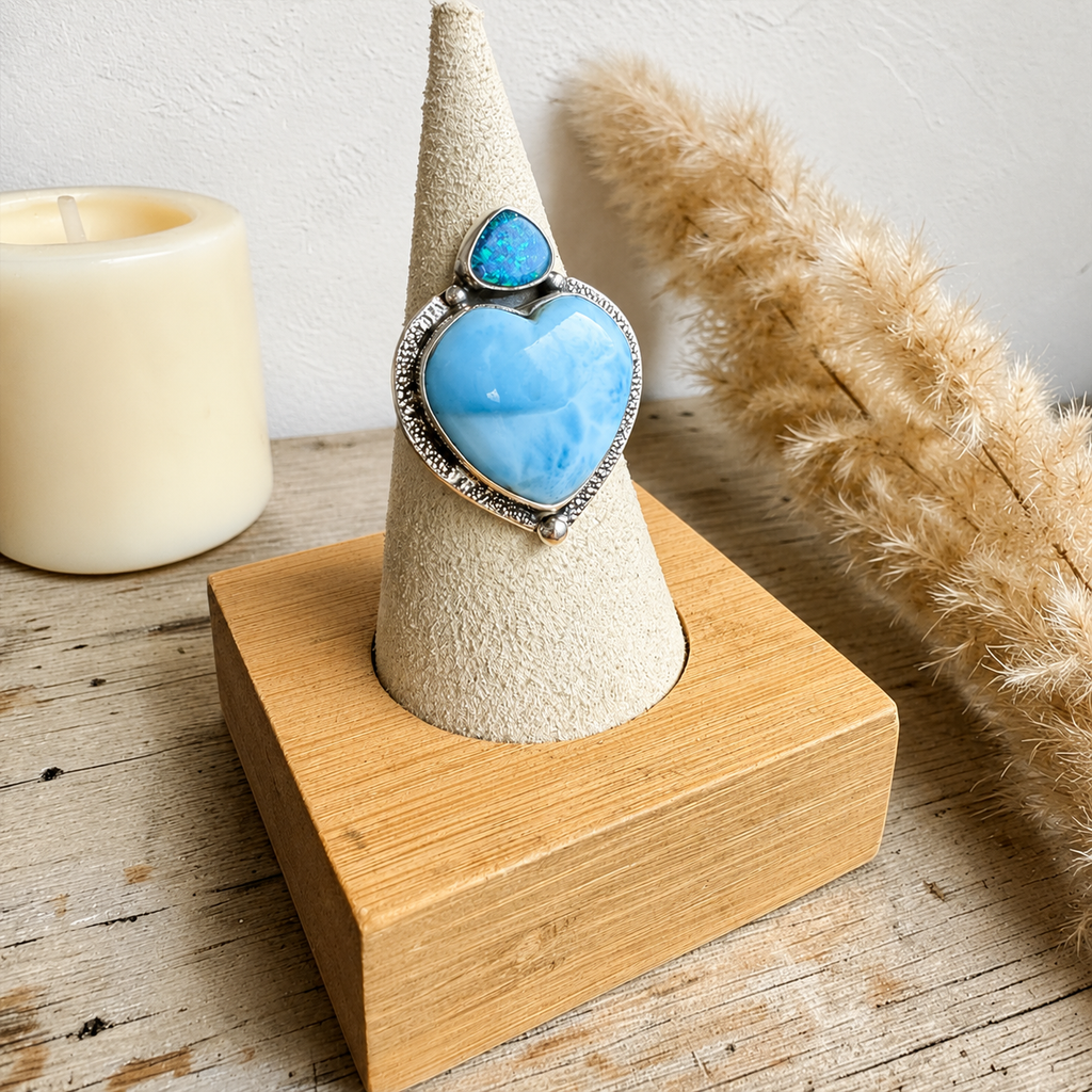 Australian Opal & Larimar Heart Ring – Handmade in Silver 925