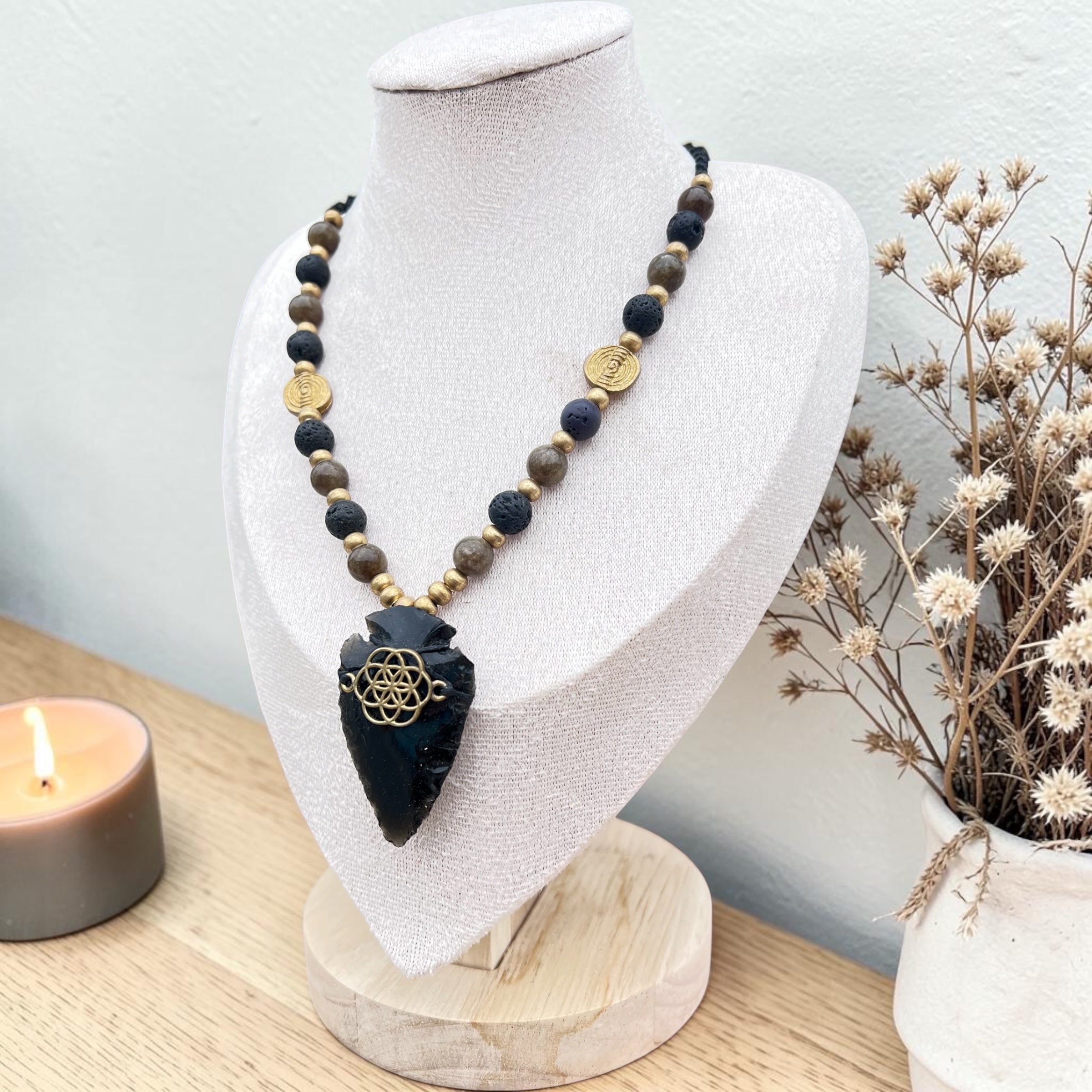 Obsidian Arrowhead, Lava Stone & Jade Beaded Necklace