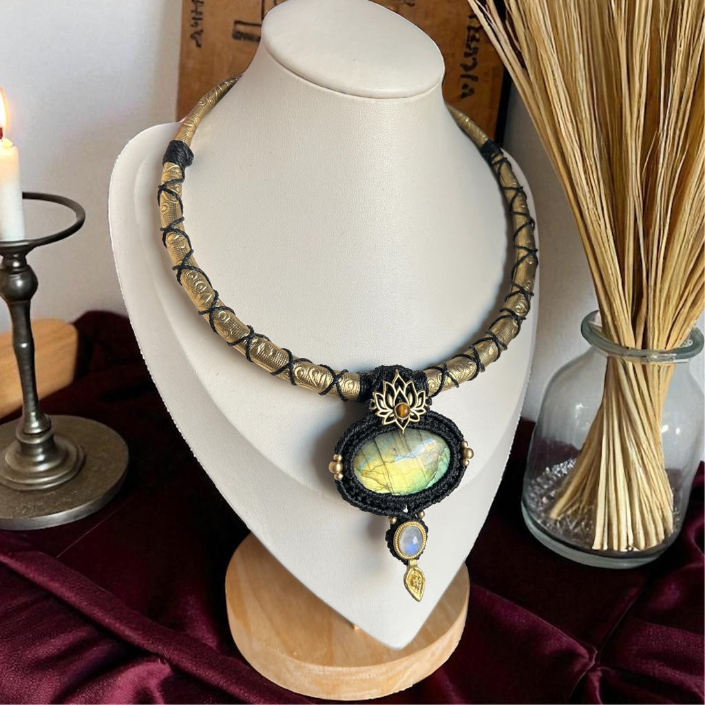 Sacred Lotus Amulet Necklace Labradorite, Tiger’s Eye and Rainbow Moonstone