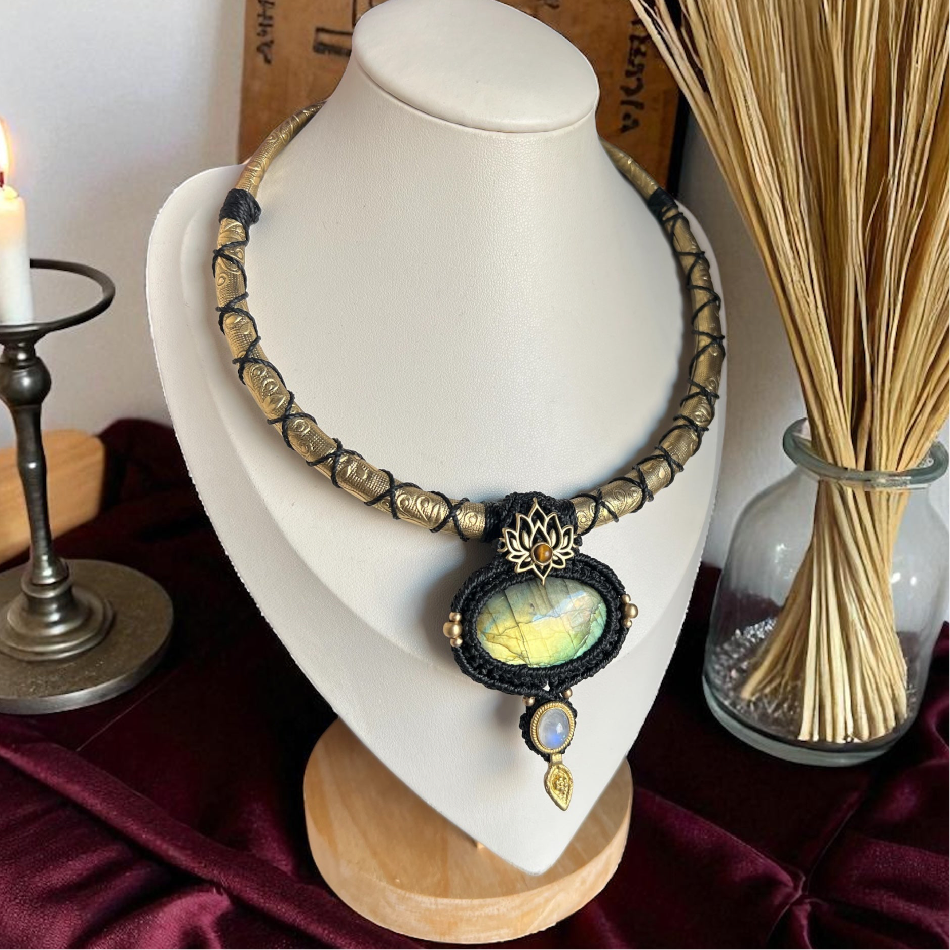 Sacred Lotus Amulet Necklace Labradorite, Tiger’s Eye and Rainbow Moonstone