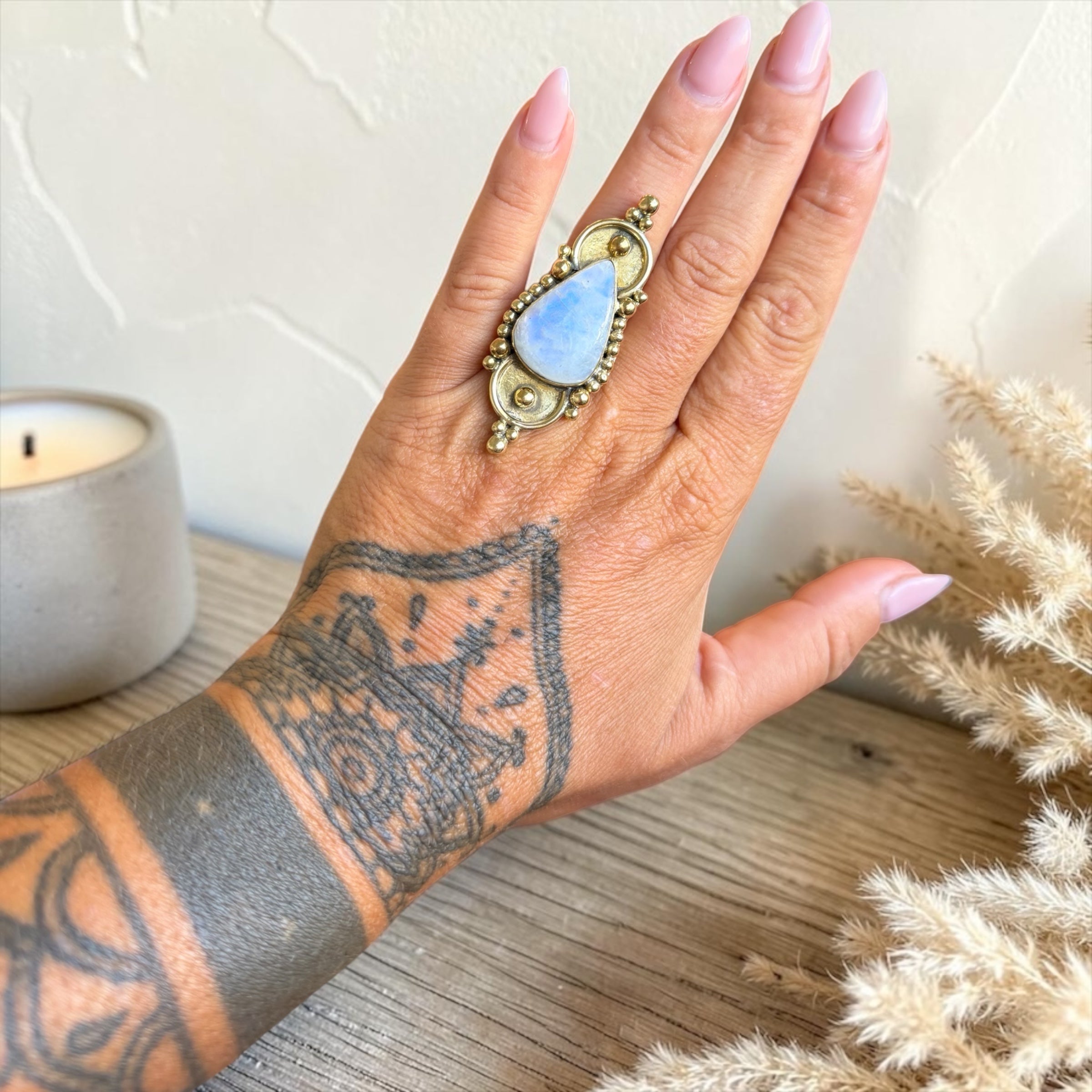 Statement Rainbow Moonstone Brass Ring