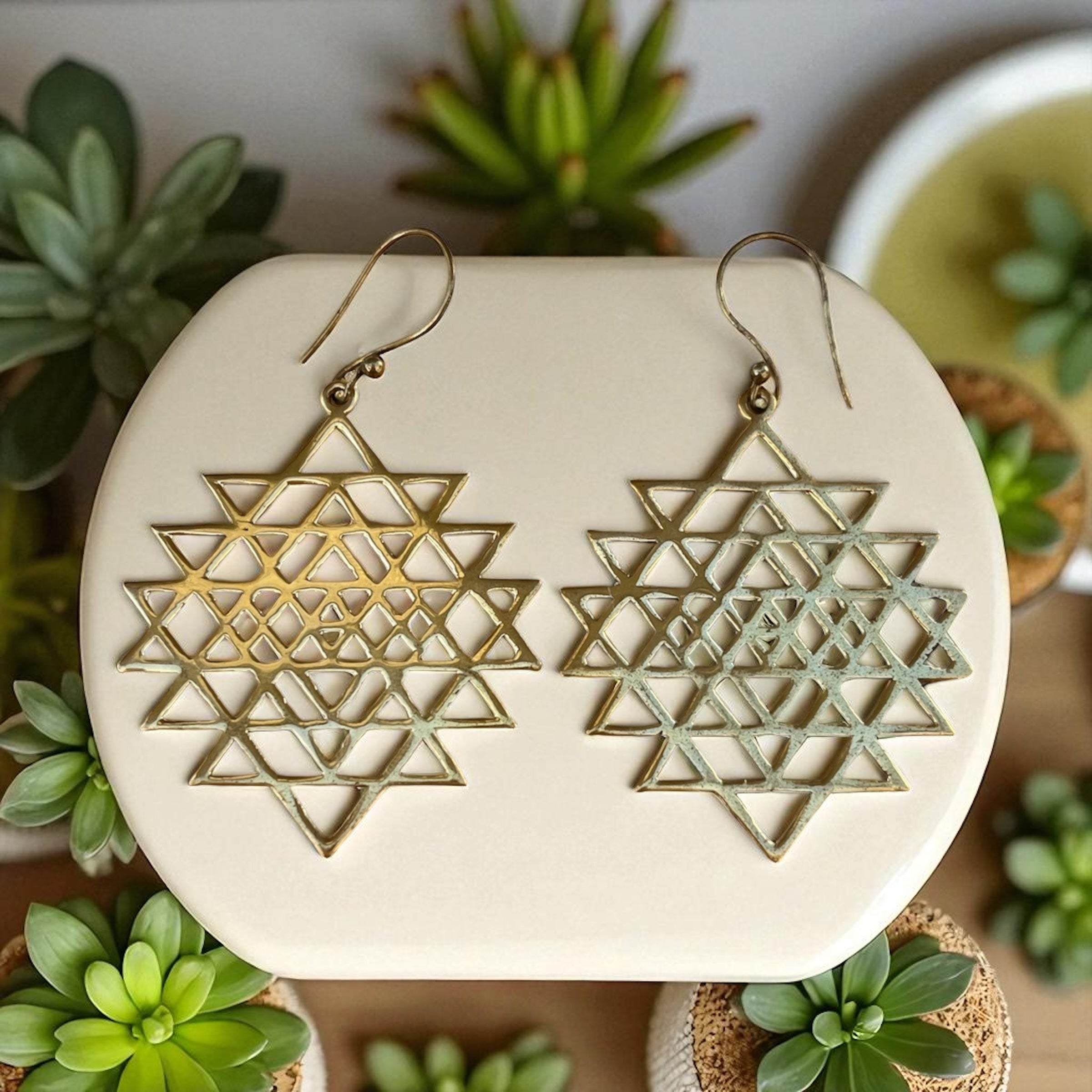 Brass Sri Yantra Earrings – Sacred Geometry Design