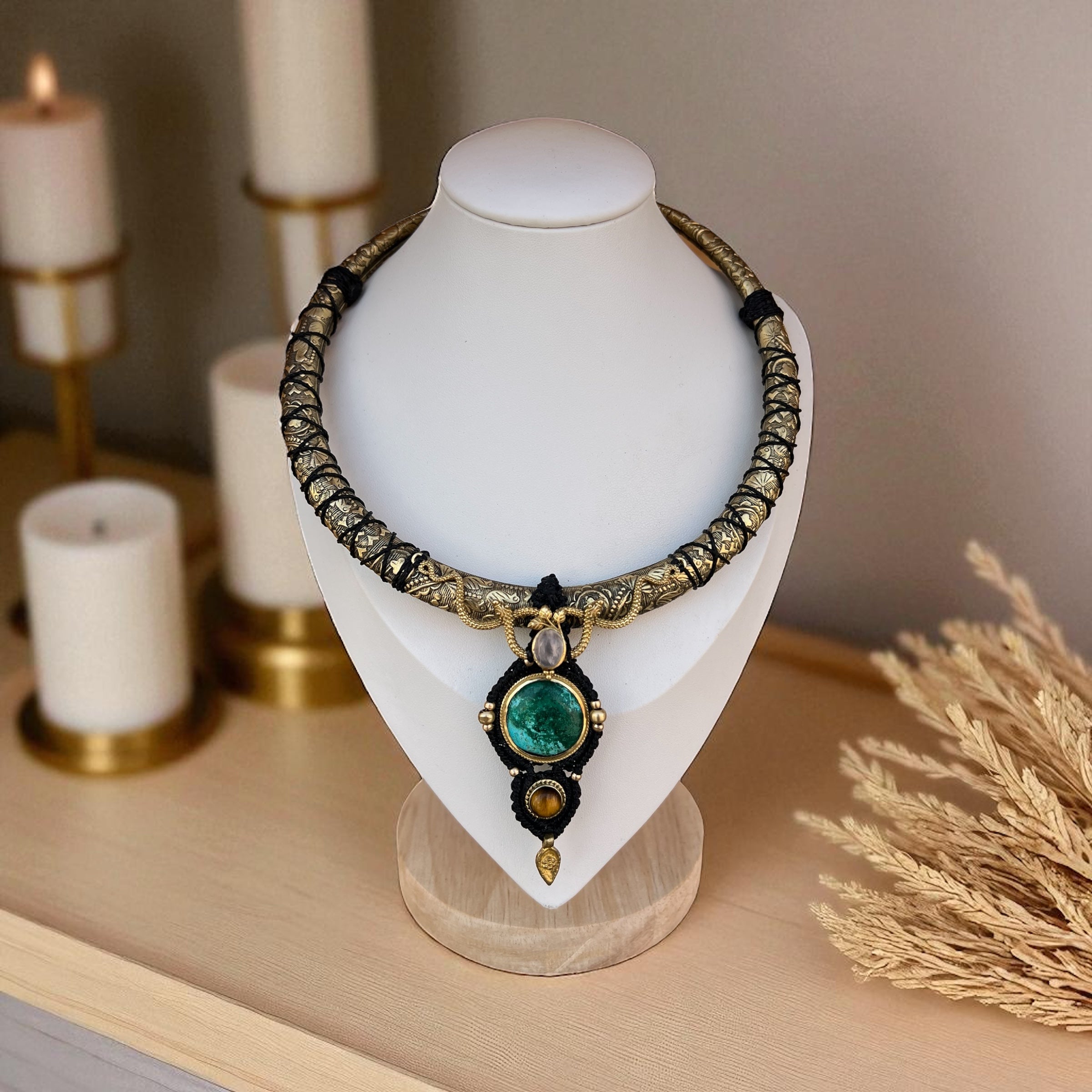 Serpent Guardian Warrior Necklace – Brass Choker with Chrysocolla, Rose Quartz &