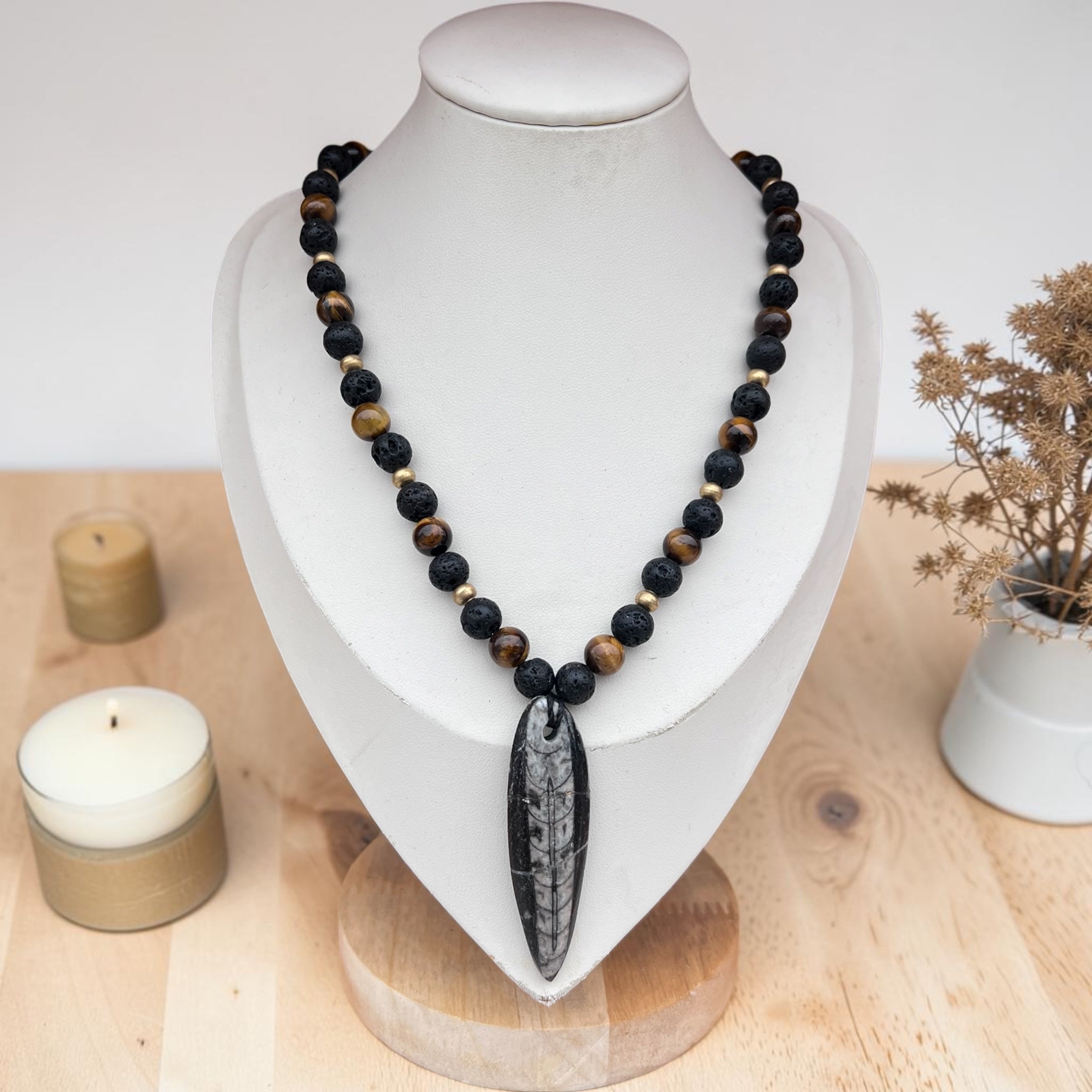 Ancient Fossil Grounding Necklace • Orthoceras Fossil, Tiger Eye & Lava Stone • Protection & Inner Strength
