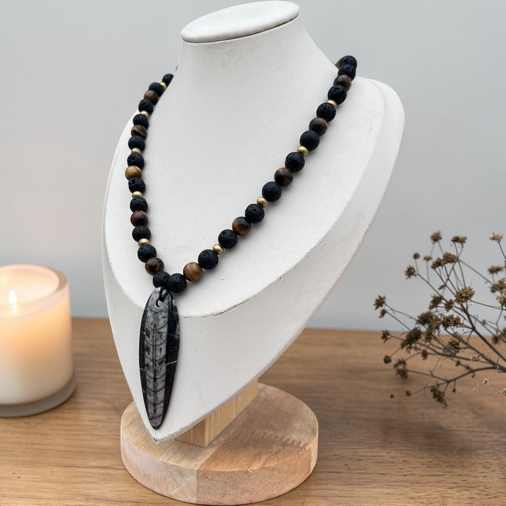 Ancient Fossil Grounding Necklace • Orthoceras Fossil, Tiger Eye & Lava Stone • Protection & Inner Strength