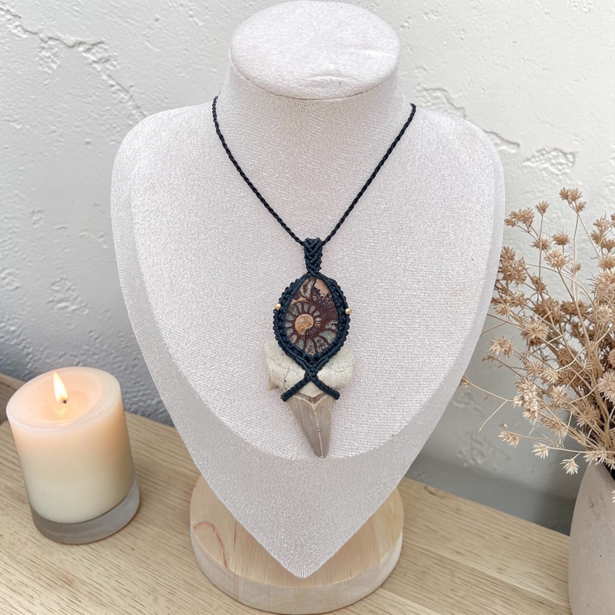 Ancient Waters — Ammonite & Fossil Shark Tooth Macramé Necklace