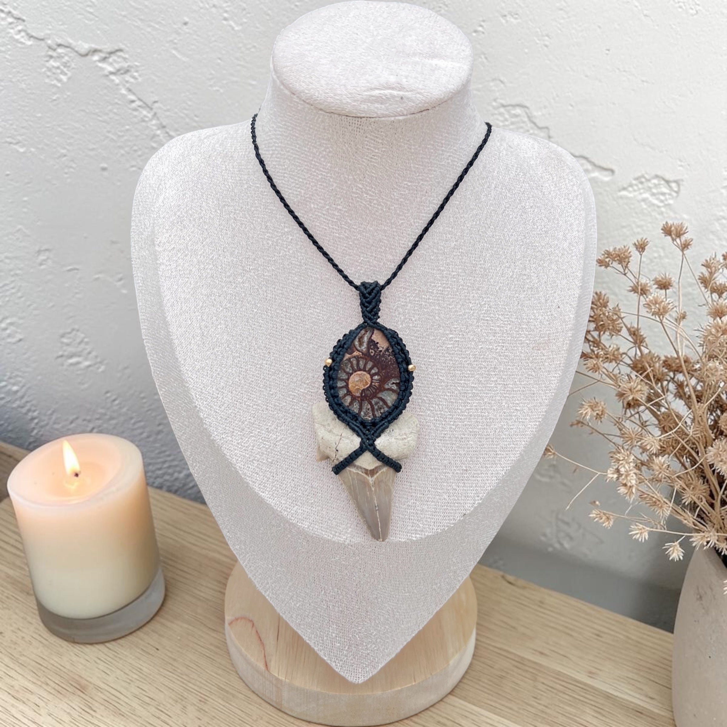 Ancient Waters — Ammonite & Fossil Shark Tooth Macramé Necklace