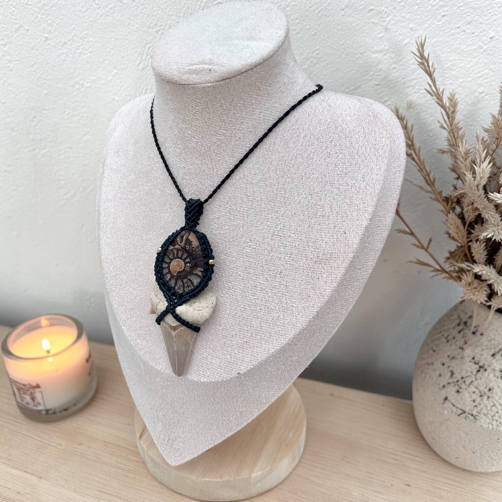Ancient Waters — Ammonite & Fossil Shark Tooth Macramé Necklace