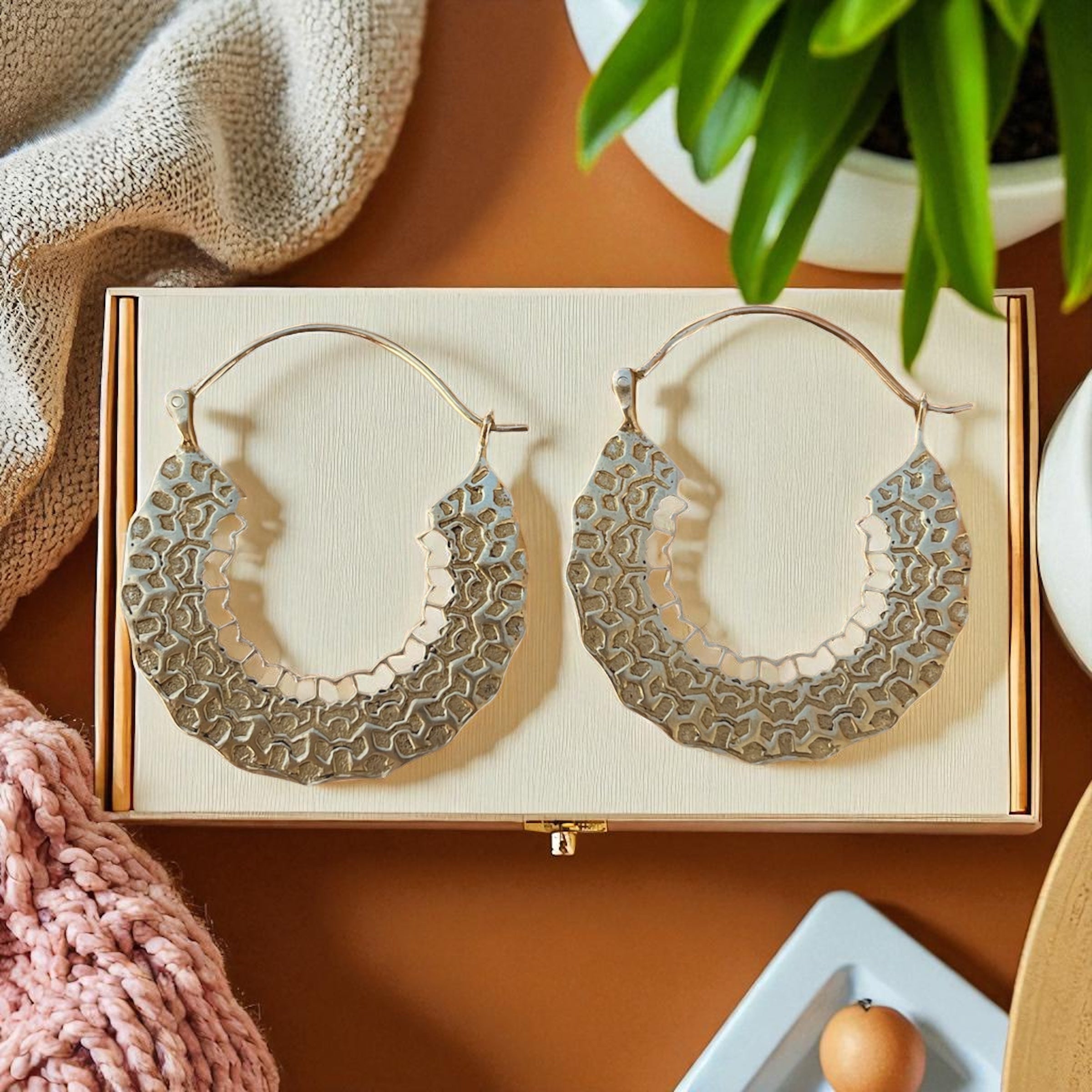 Boho Textured Brass Hoop Earrings medium size