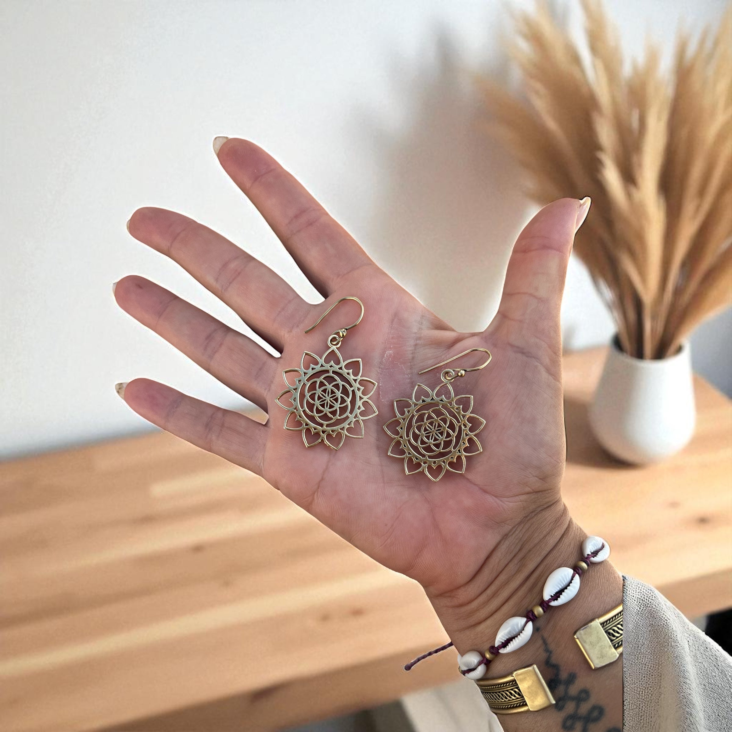 Mandala Flower Brass Earrings – Spiritual Balance & Harmony