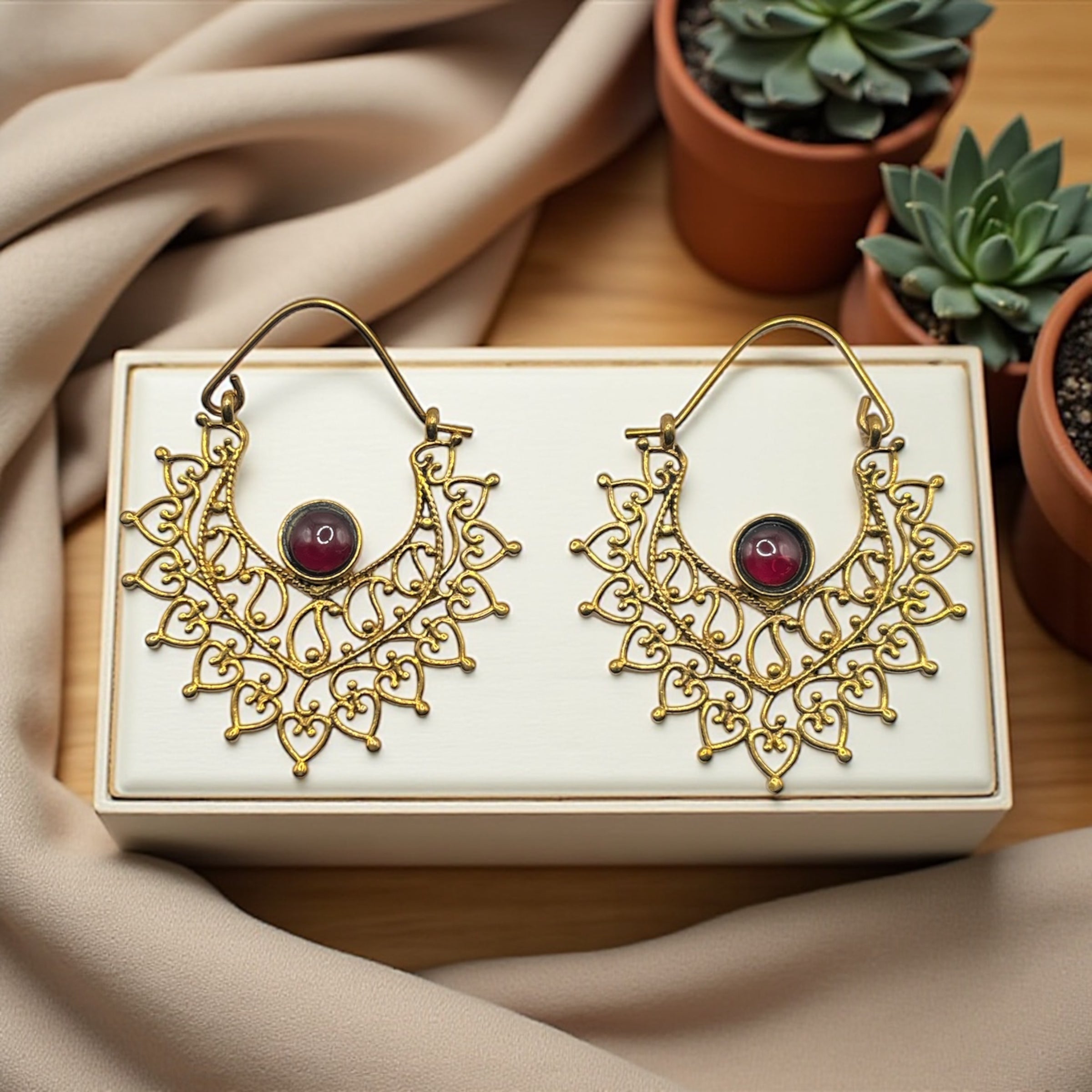 Boho Brass Earrings with Garnet – Spiritual Energy Jewelry