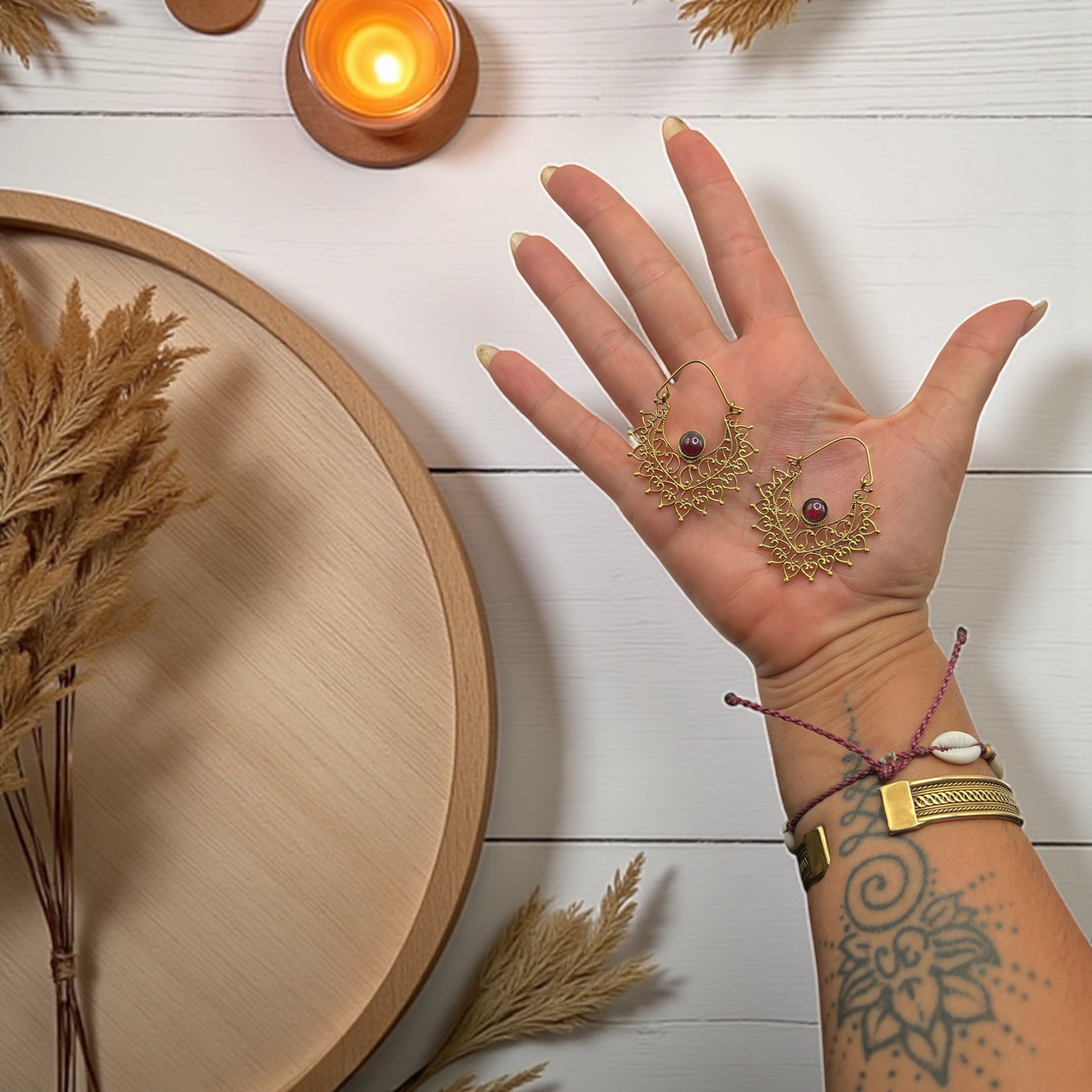 Boho Brass Earrings with Garnet – Spiritual Energy Jewelry