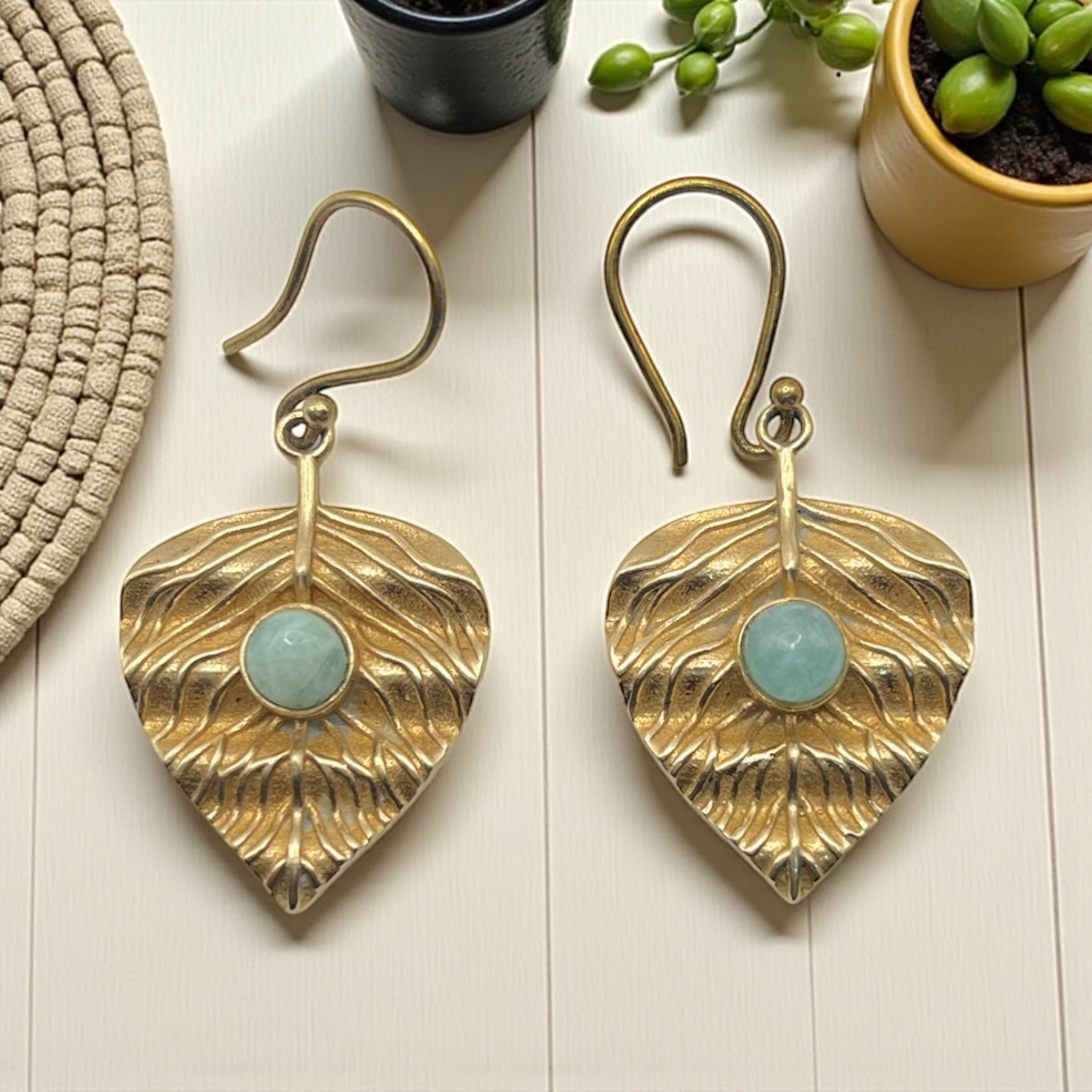 Boho Brass Leaf Earrings with Gemstone