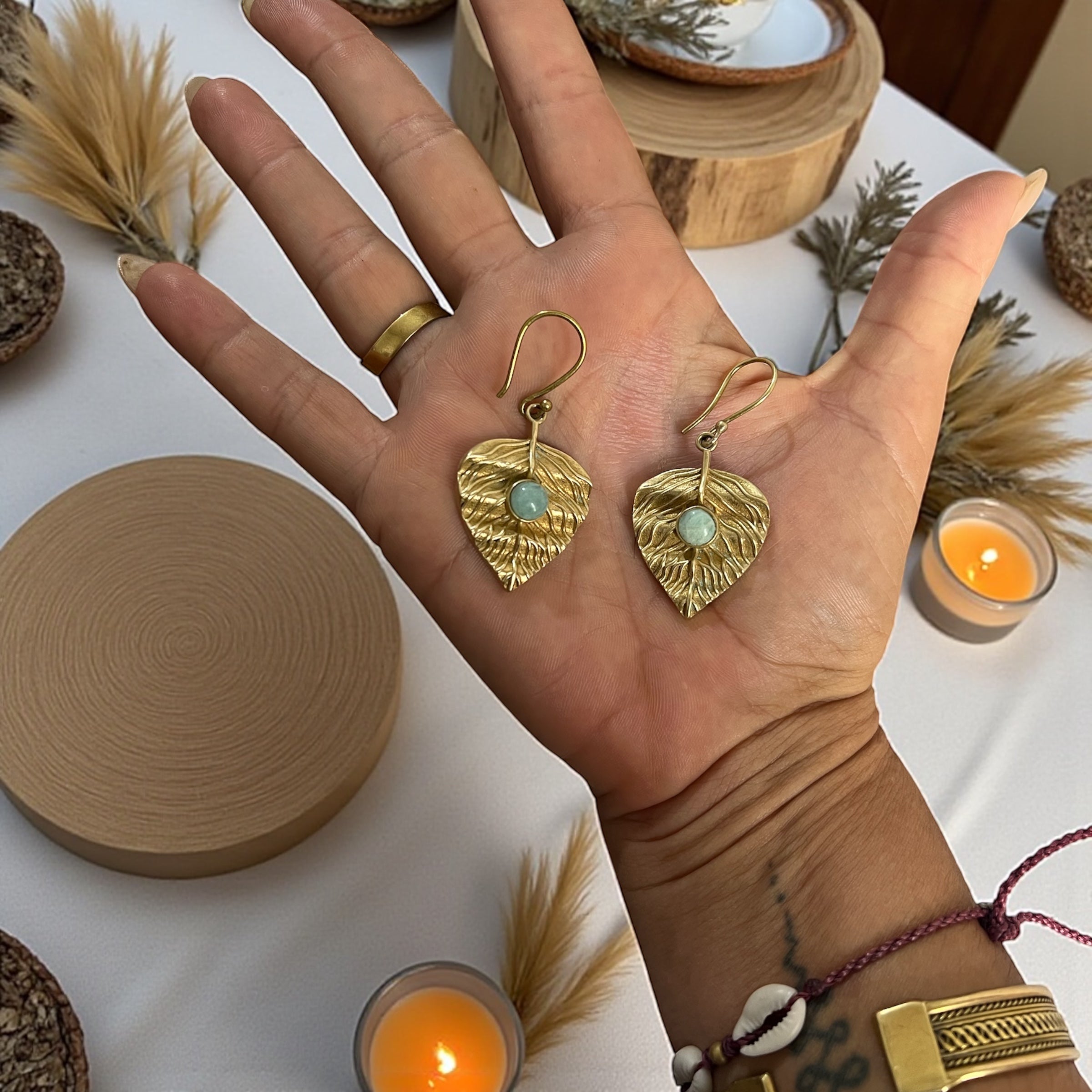 Boho Brass Leaf Earrings with Gemstone