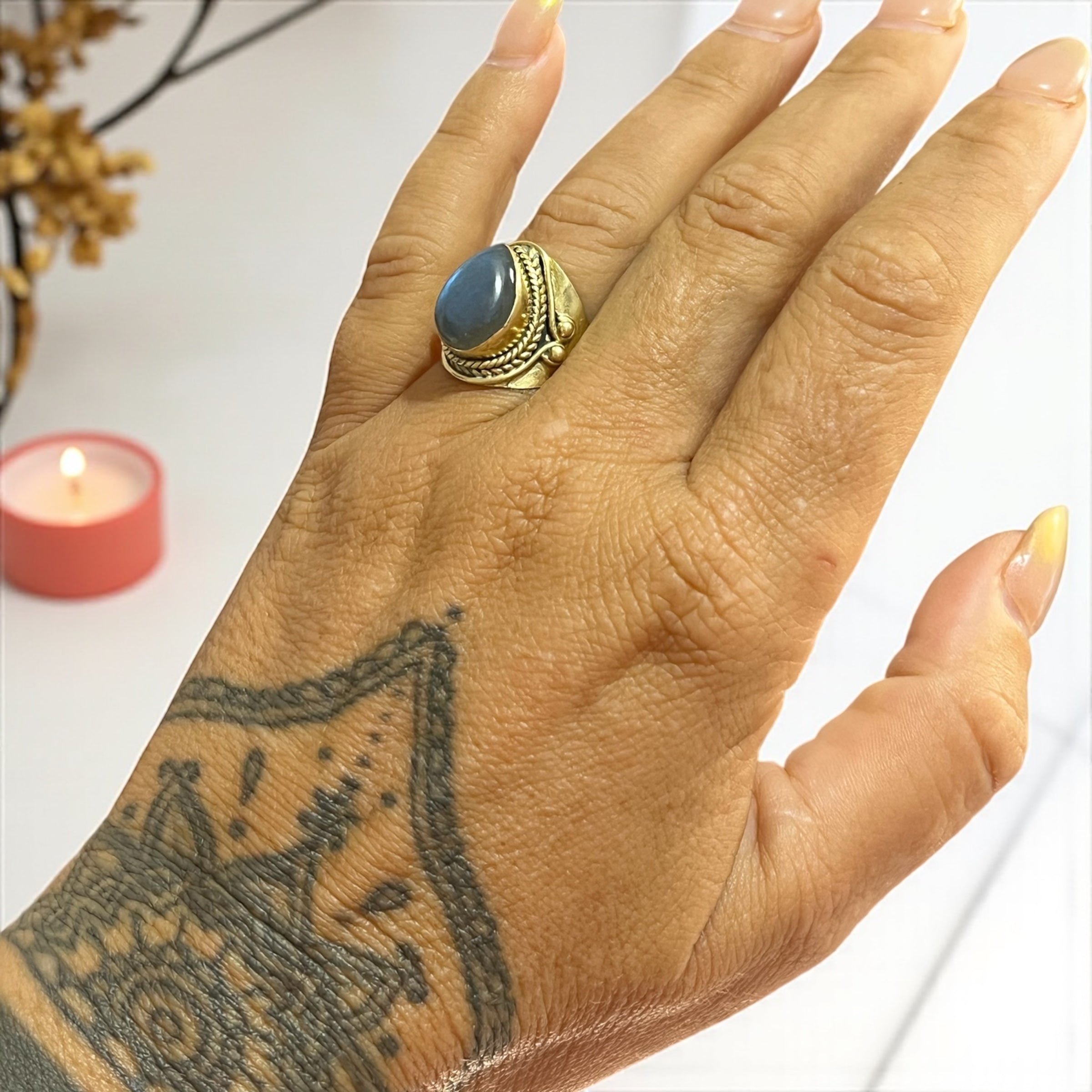 Brass Teardrop Gemstone Ring