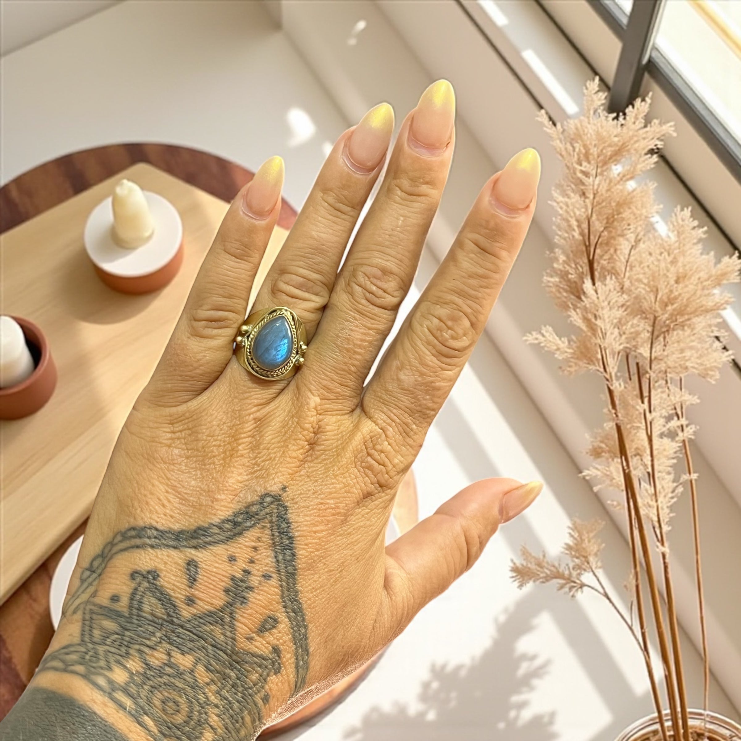 Brass Teardrop Gemstone Ring